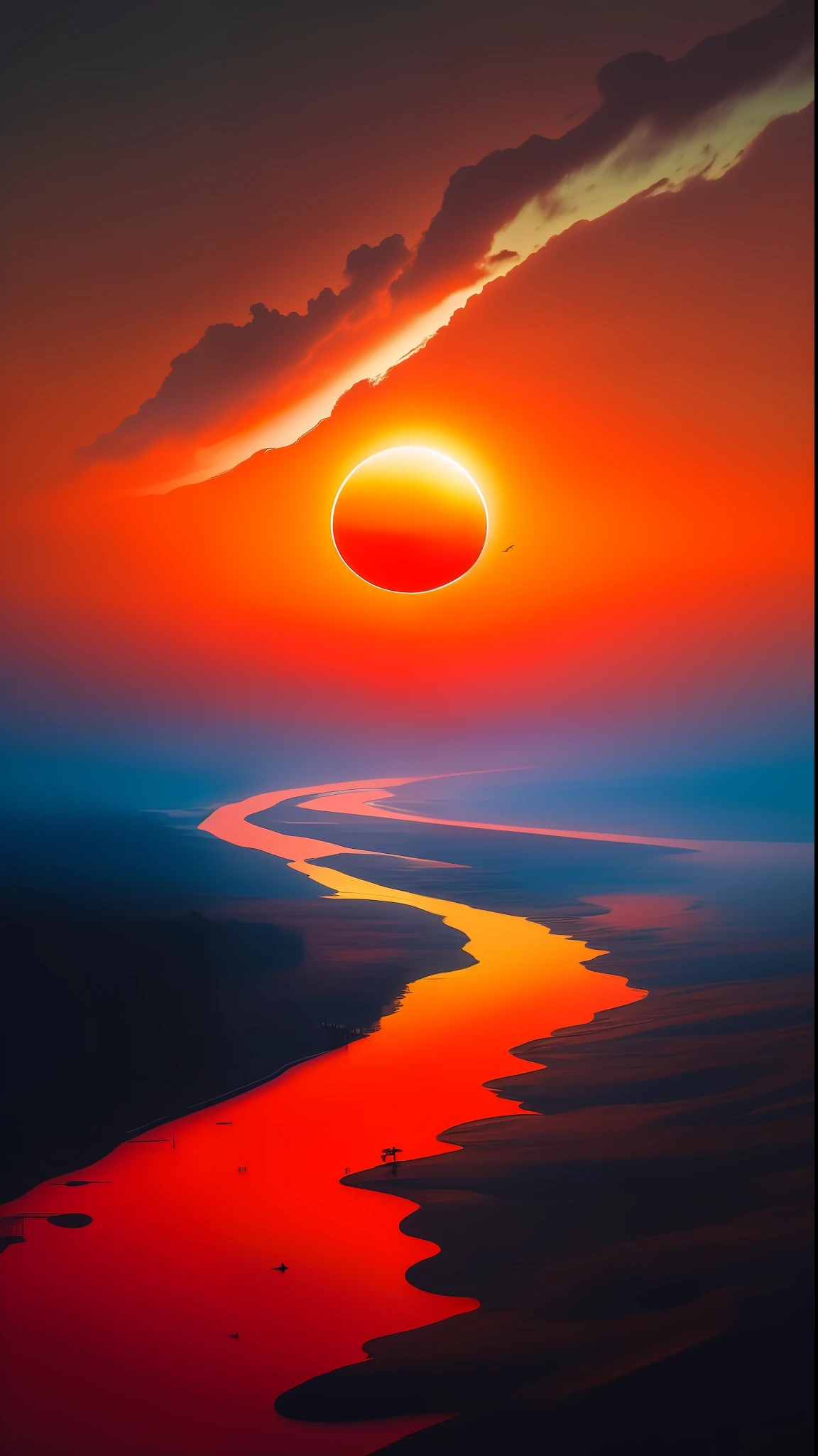 a close up of a sunset with a river in the foreground, red sun over paradise, epic red - orange sunlight, red sun in the background, epic red - orange moonlight, sunset sunrise, amazing wallpaper, red sunset, beautiful image ever created, stunning sunset, very beautiful photo, sunset on distant machine planet, sun sunset, red sun, digital yellow red sun