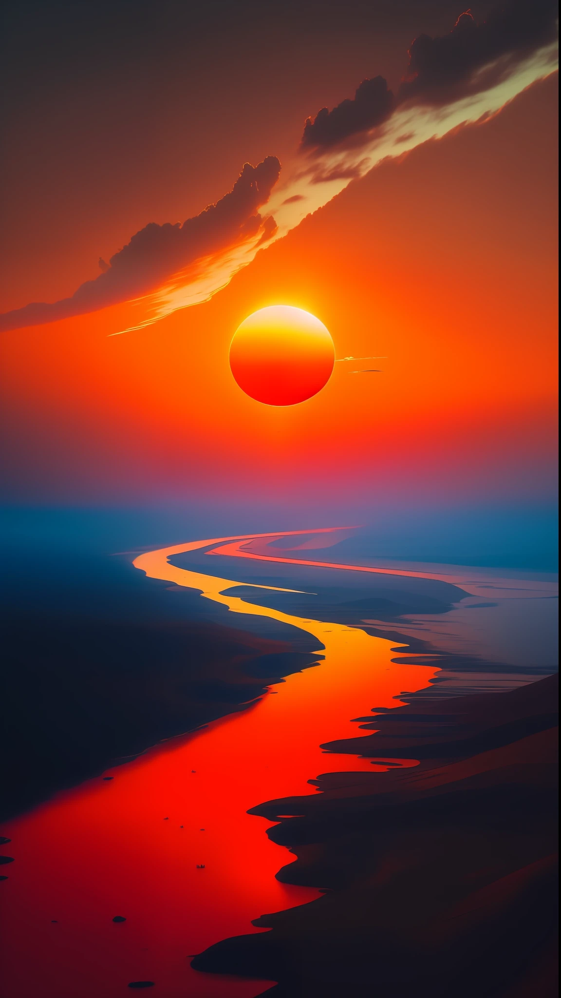 a close up of a sunset with a river in the foreground, red sun over paradise, epic red - orange sunlight, red sun in the background, epic red - orange moonlight, sunset sunrise, amazing wallpaper, red sunset, beautiful image ever created, stunning sunset, very beautiful photo, sunset on distant machine planet, sun sunset, red sun, digital yellow red sun