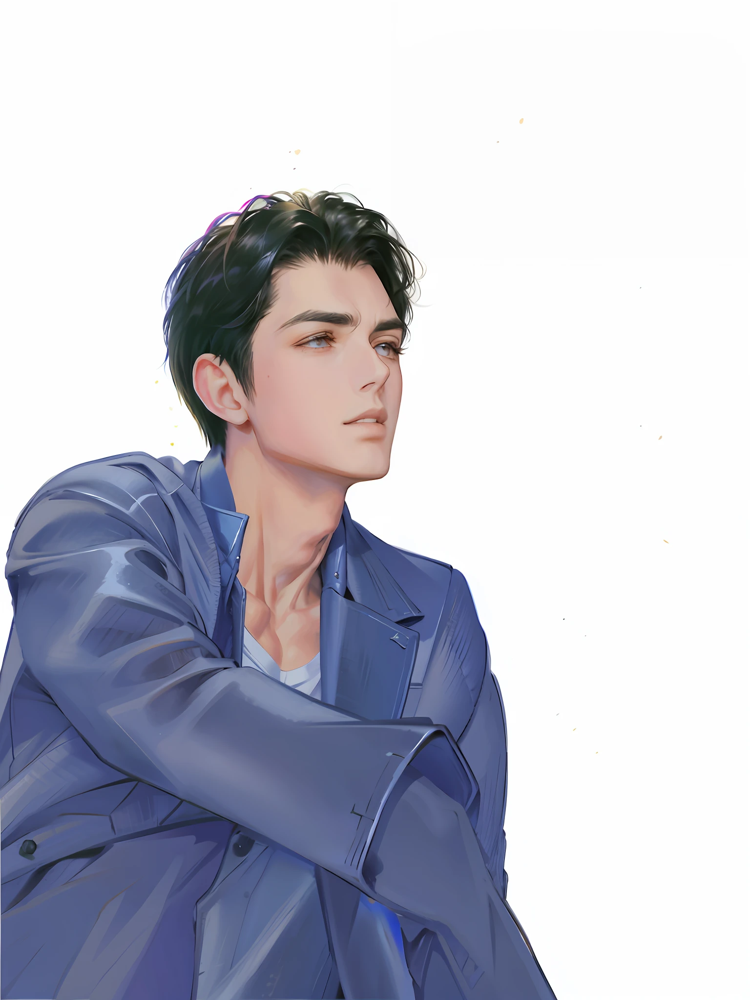 Ultra clear, detailed, handsome boy, blue suit, looking up, bright eyes, black slender eyes, black hair