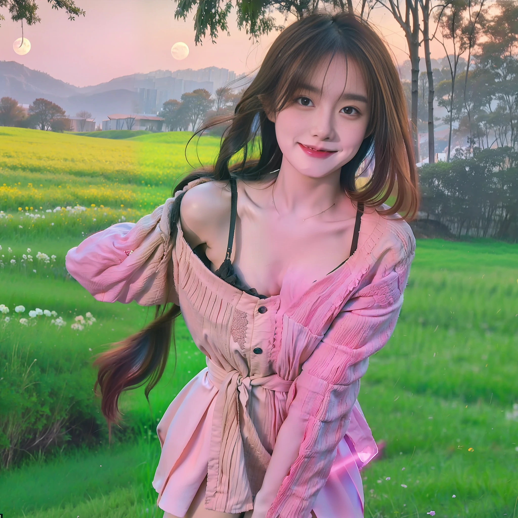 Photos of vast landscapes, (from below, sky above, open fields below), a girl standing on a flower field looking up, (Full Moon: 1.2), (Meteor: 0.9), (Nebula: 1.3), Distant Mountains, Trees BREAK Making Art, (Warm Light Source: 1.2), (Firefly: 1.2), Lamps, Intricate Details, Volume Lighting BREAK (Masterpiece: 1.2), (Best Quality), 4K, Ultra Detailed, (Dynamic Composition: 1.4), Detailed, Colorful, (Rainbow Color: 1.2), Big Breasts, Erotic Lingerie, (Glow, Atmospheric Illumination), (Solo: 1.2), Slip Dress, Pathetic, Blush, Short Skirt, Delicate Hair, White, Smile