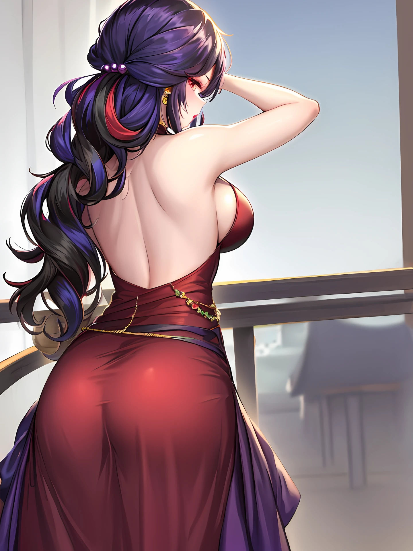 1girl,artist_name,ass,ass_grab,ass_support,ball,bare_shoulders,black_hair,china_dress,chinese_clothes,dress,earrings,from_behind,grabbing_own_ass,gradient,gradient_background,hand_on_ass,hand_on_hip,hand_on_own_ass,hands_on_own_ass,jewelry,lipstick,long_hair,looking_back,makeup,multicolored_hair,purple_dress,signature,solo,sunglasses,boa_hancock,nico_robin