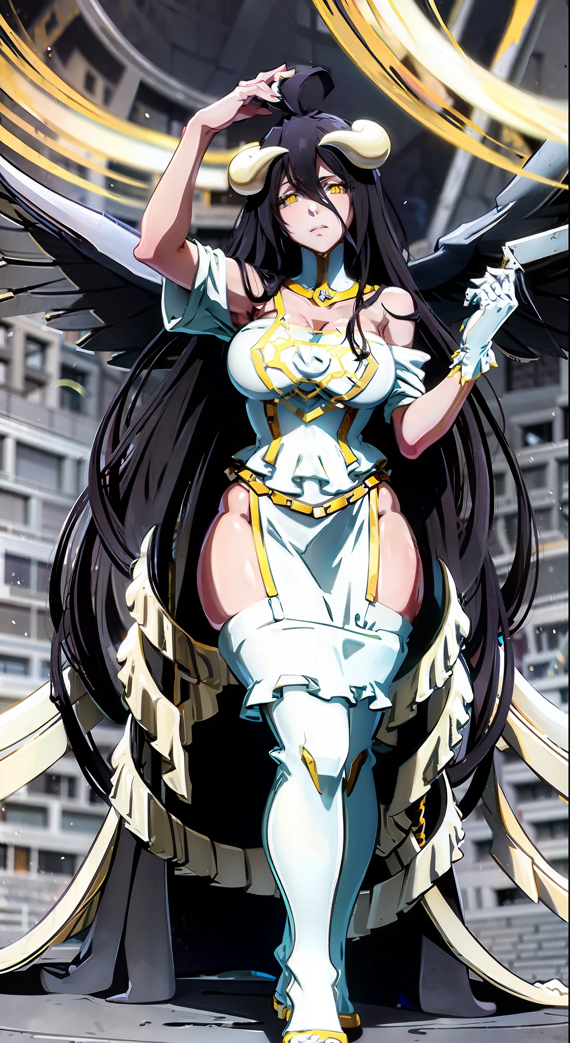 Albedo of Overlord in a fighting game pose, Albedo of Overlord Anime,Albedo, Long black hair, Yellow eyes, wearing a white dress, Black angel wings, white horns,fighting game character, Guilty Gear art style, Dnf Duel art style, Arc System Works art style, video game character, official full-body character art,  wrestler pose, official full-body art, white background