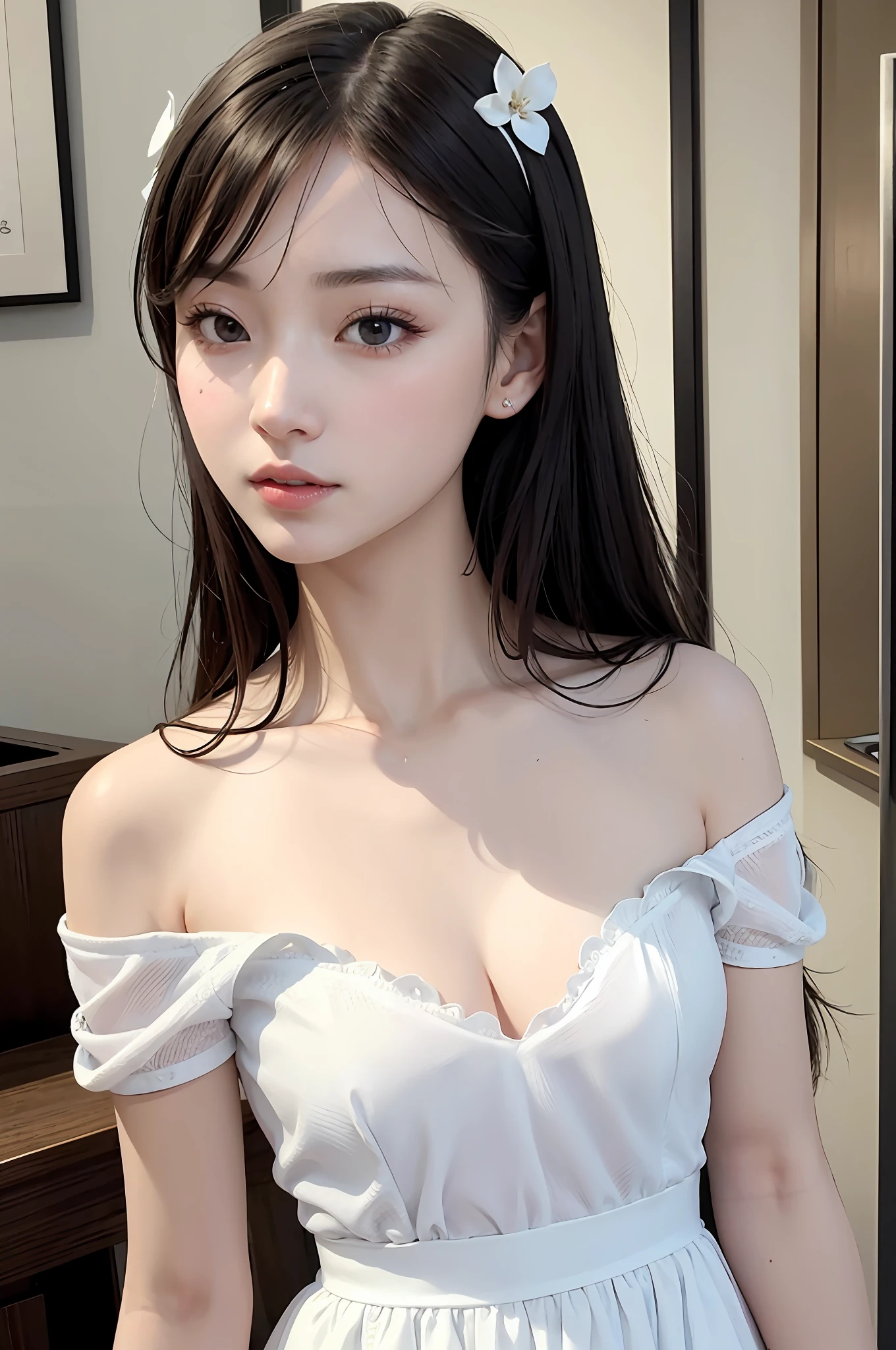 Fashion trendy beautiful and charming woman, gentle and charming Chinese beautiful woman, delicate and sexy collarbone, charming oval face, double eyelids, smart peach blossom eyes, pink lips, small nose, bare shoulders, focus on the face, close-up of the face, Ultra-high-definition, super-detailed, the white off-the-shoulder shirt perfectly echoes the light blue slit skirt, fresh and impressive