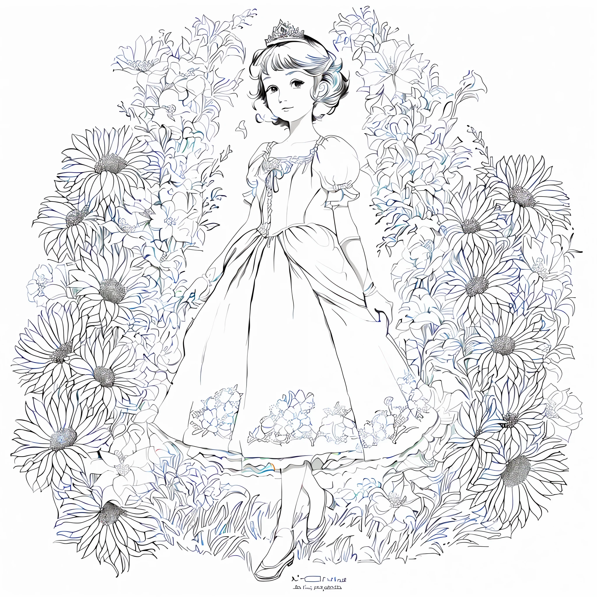 lineart, monochrome, white, black and white background, coloring book for children, on paper, full page, free lines, highly detailed art line, to print, perfect anatomy, (((white background)), flowers., 2d.