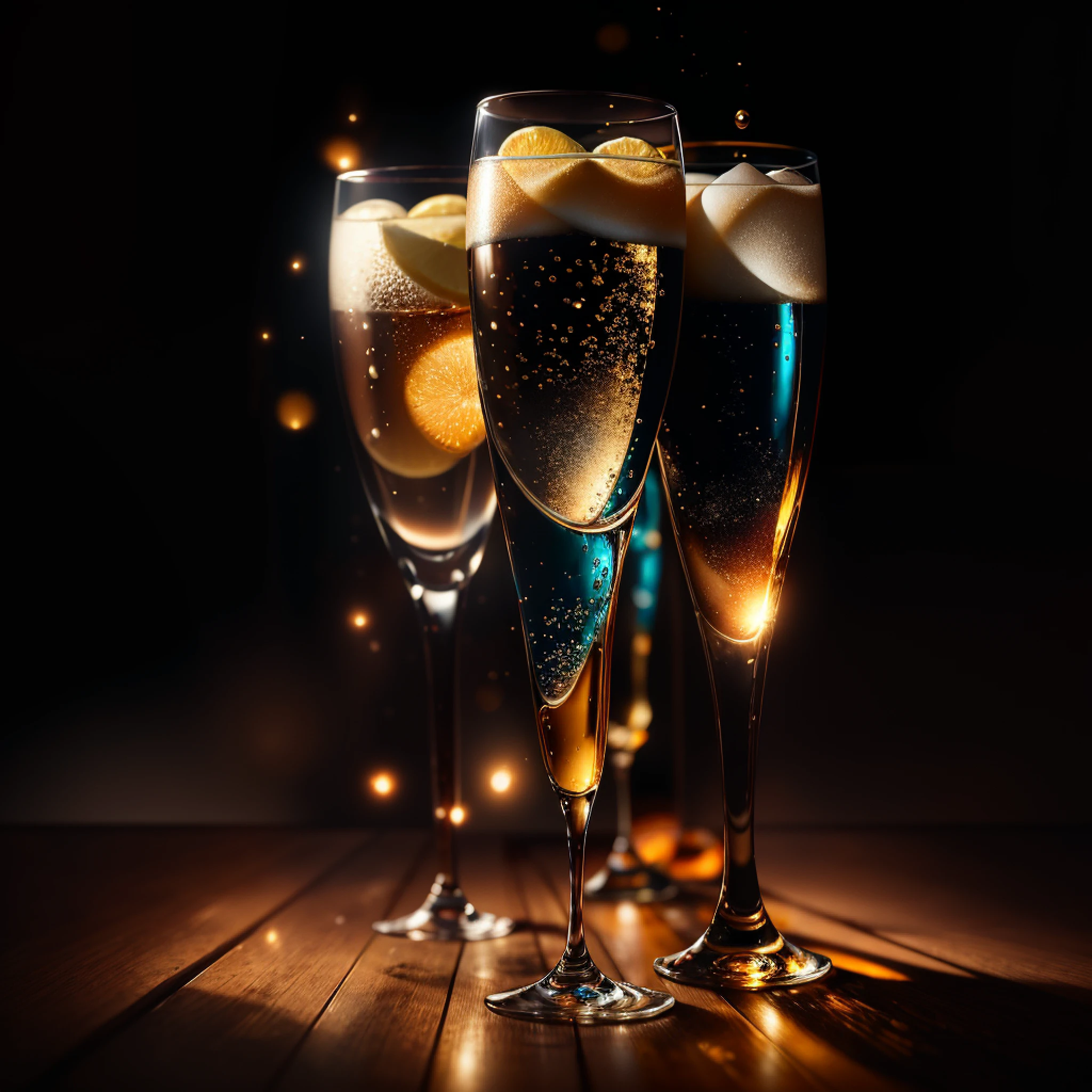 An extraordinary hyper-realistic composition that showcases a macro zoom on a glass of sparkling water placed on a rustic wooden table. The image brings the glass to life with impeccable detail, allowing the viewer to explore its intricate features up close. The play of light and shadow becomes even more pronounced, revealing the mesmerizing reflections and highlights on the glass surface. Every droplet of sparkling cider is meticulously captured, evoking a sense of freshness and effervescence. The image is rendered with utmost realism, utilizing advanced techniques to achieve hyper-realistic textures and clarity. This hyper-realistic representation transports the viewer into a world of sensory delight, where they can almost taste and feel the sparkling cider. Photography, professional lighting setup with diffused lights and reflectors, carefully positioned to enhance the details and create a captivating interplay of light and shadow, --ar 1:1 --v 5