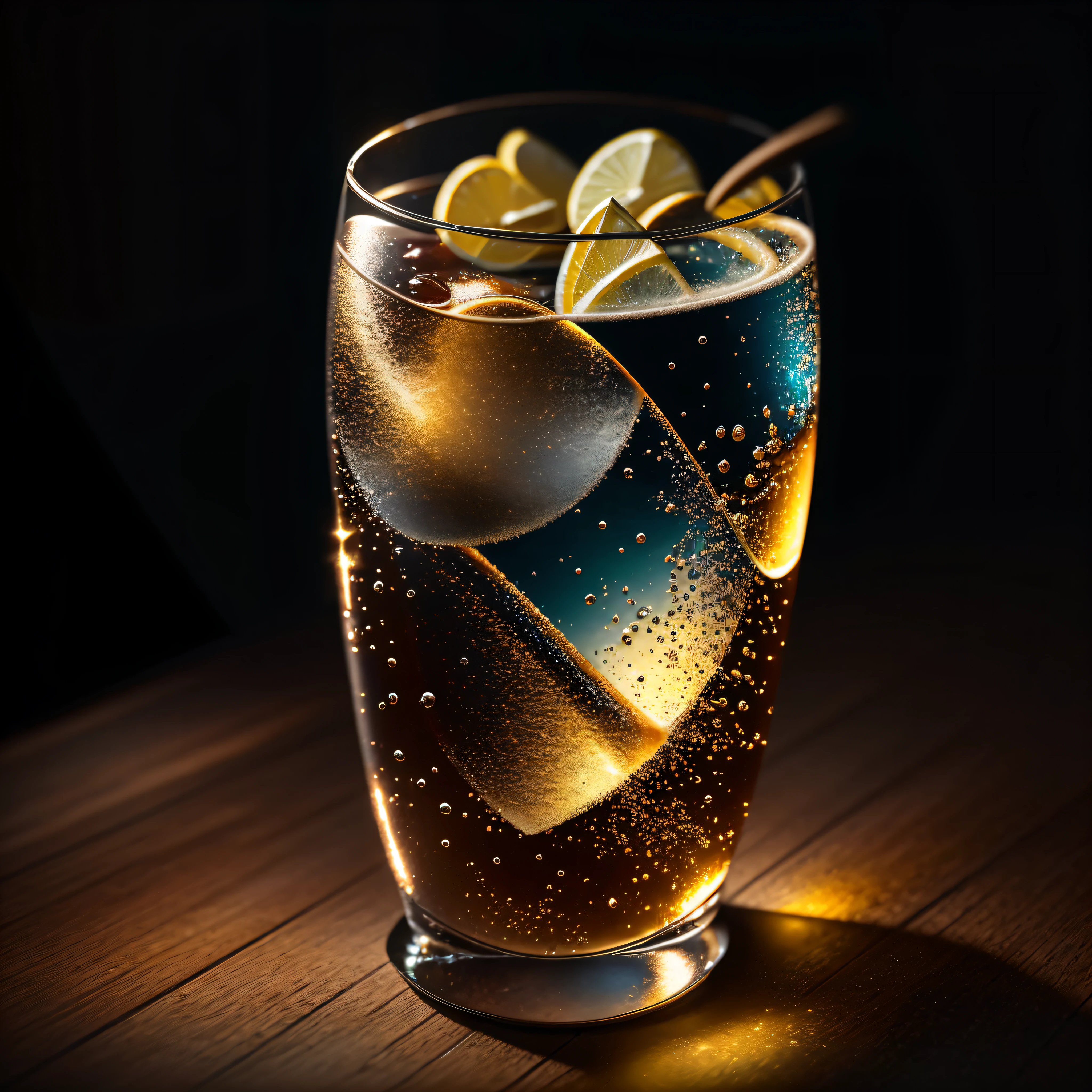 An extraordinary hyper-realistic composition that showcases a macro zoom on a glass of sparkling water placed on a rustic wooden table. The image brings the glass to life with impeccable detail, allowing the viewer to explore its intricate features up close. The play of light and shadow becomes even more pronounced, revealing the mesmerizing reflections and highlights on the glass surface. Every droplet of sparkling cider is meticulously captured, evoking a sense of freshness and effervescence. The image is rendered with utmost realism, utilizing advanced techniques to achieve hyper-realistic textures and clarity. This hyper-realistic representation transports the viewer into a world of sensory delight, where they can almost taste and feel the sparkling cider. Photography, professional lighting setup with diffused lights and reflectors, carefully positioned to enhance the details and create a captivating interplay of light and shadow, --ar 1:1 --v 5