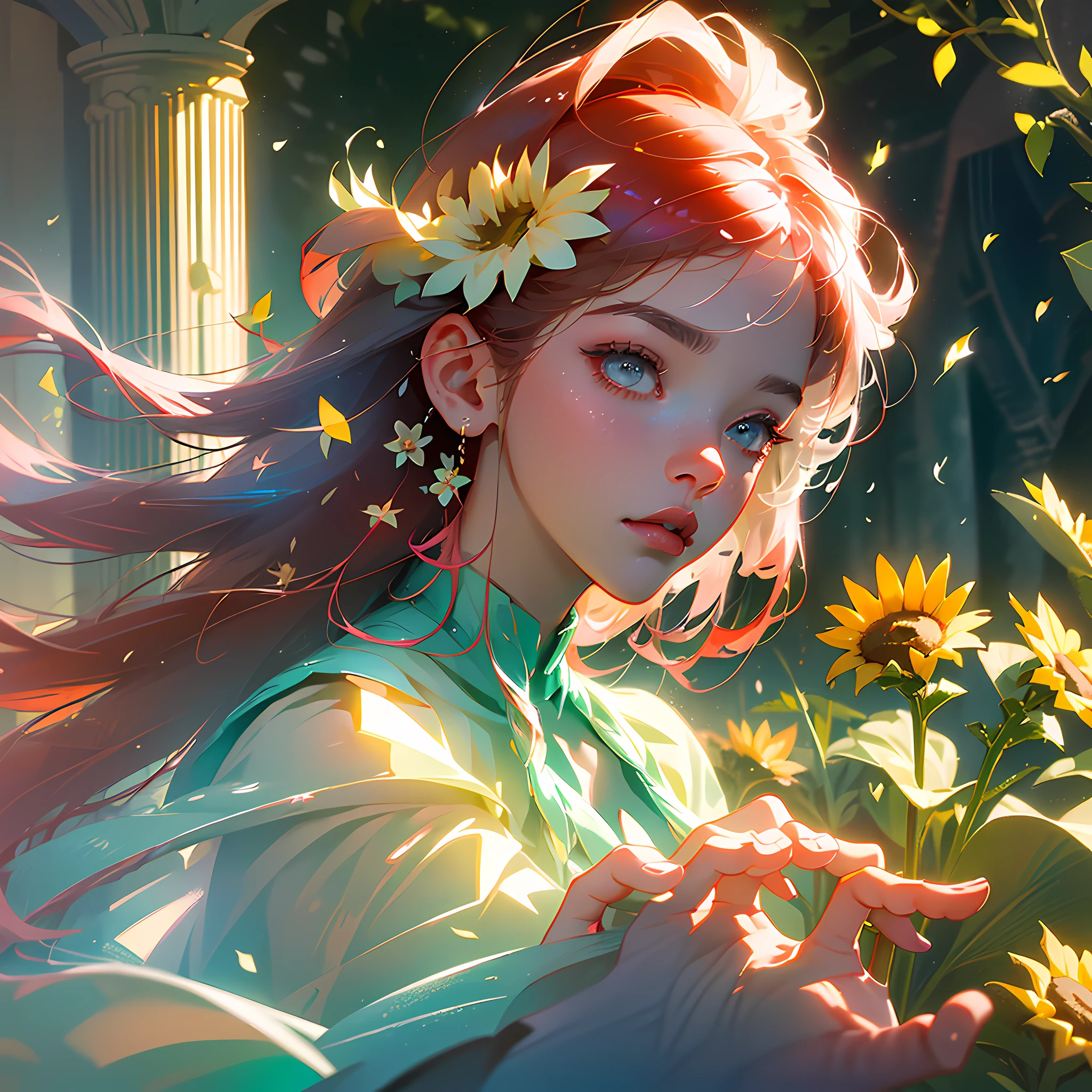 (mobile wallpaper) (masterpiece, best quality), blurred foreground, (better lighting, better shadow, an extremely delicate and beautiful), (emphasis on the face), dynamic lighting, (dramatic pose), (volumetric light), (flowering garden in the background), (sunflower), (red hair:1.3, white clothes:0.9), (art with pastel colors, super light colors), (mobile wallpaper style)