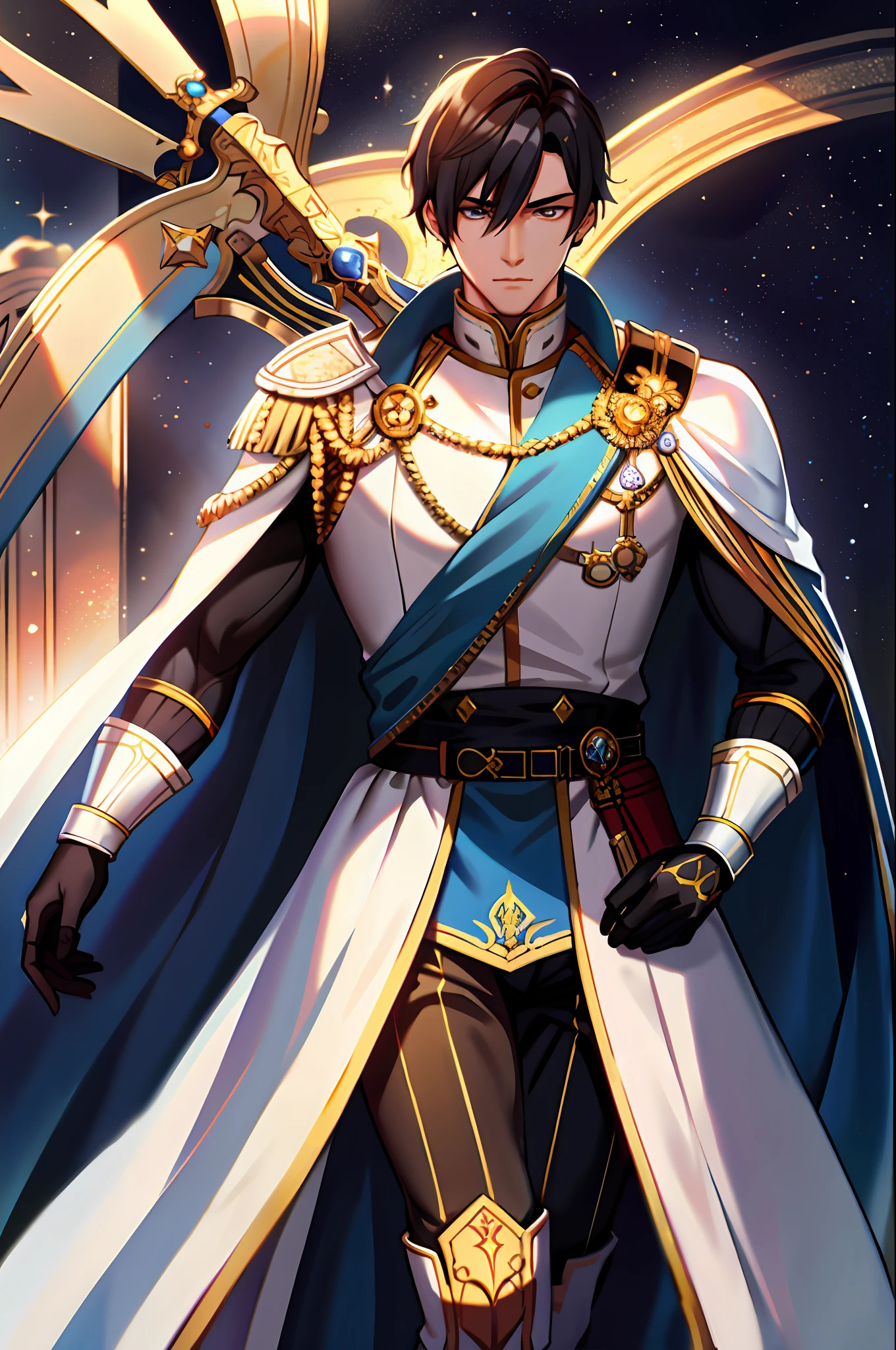 Royal guard, golden, blue, cape, complex, perfect lighting, looking at the viewer, (masterpiece), (best quality), 1boy, muscular, black haired brunette, brown skin, tall and strong, real soldier