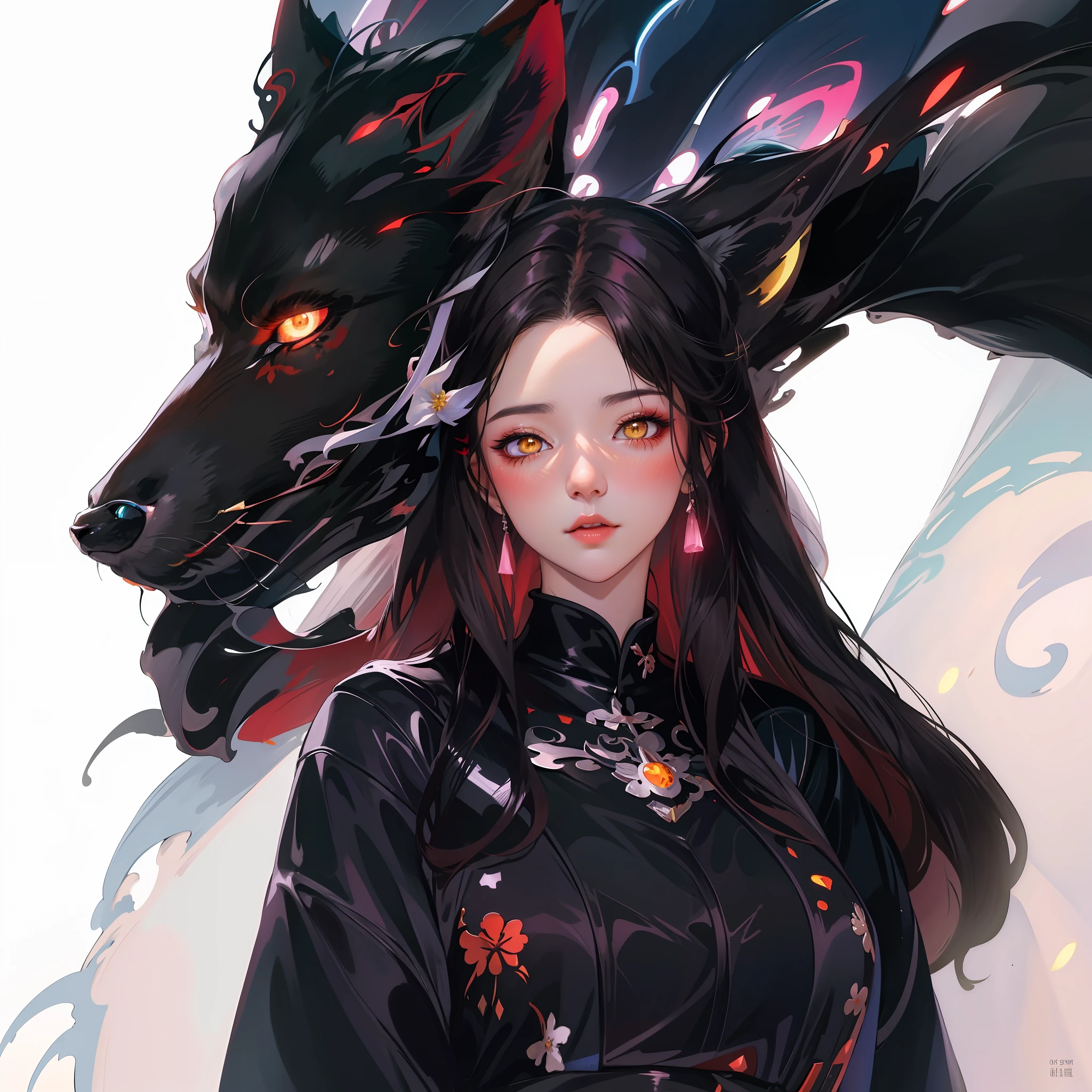 Anime - a long brunette and fluorescent wolf woman style image, by Yang J, artgerm and atey ghailan, a beautiful fox lady, Guweiz, Guvez style artwork, Artgerm and Nguyen Jia, Nguyen Jia and Artgerm, a beautiful fox woman, portrait of a dragon woman