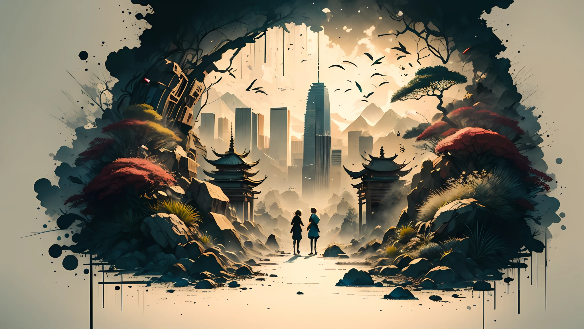 Absurd, high resolution, ultra-detailed, (1 girl:1.3), broken, design a beautiful temple scene, intricate architecture, lush gardens, and a sense of peace and spirituality. Broken, creating an image of a destructive demon with terrifying features, dark powers, and a thirst for chaos and destruction. Broken, designed with a fisheye effect image that captures a wide field of view with a unique curved viewing angle. Break to create rooftop views in urban environments with panoramic cityscapes, dramatic skylines, and a sense of elevation. Break , illustrating the tender moments between parents and children, capturing their bonds, love, and connection. Broken, using pointillism to illustrate images, carefully placed tiny dots of color to create a cohesive and visually stunning whole.