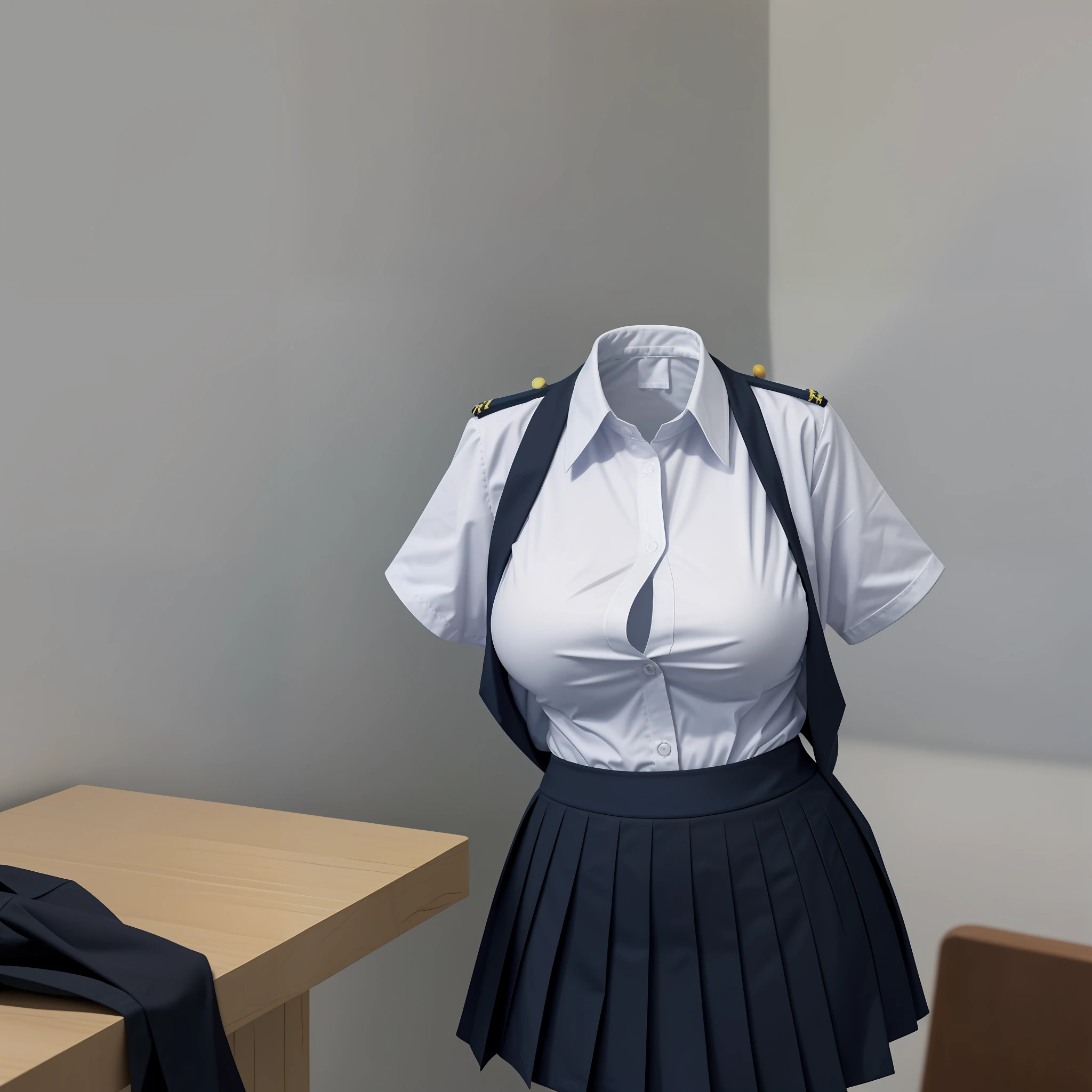 hanger school uniforms raise their sleeves as if invisible girl wear them,hanger school uniforms swell as if possessed by invisible girls,hanger school uniforms have huge breasts and cleavage, (((no humans))), (headless), (faceless), invisible girls, short sleeves, very short skirt