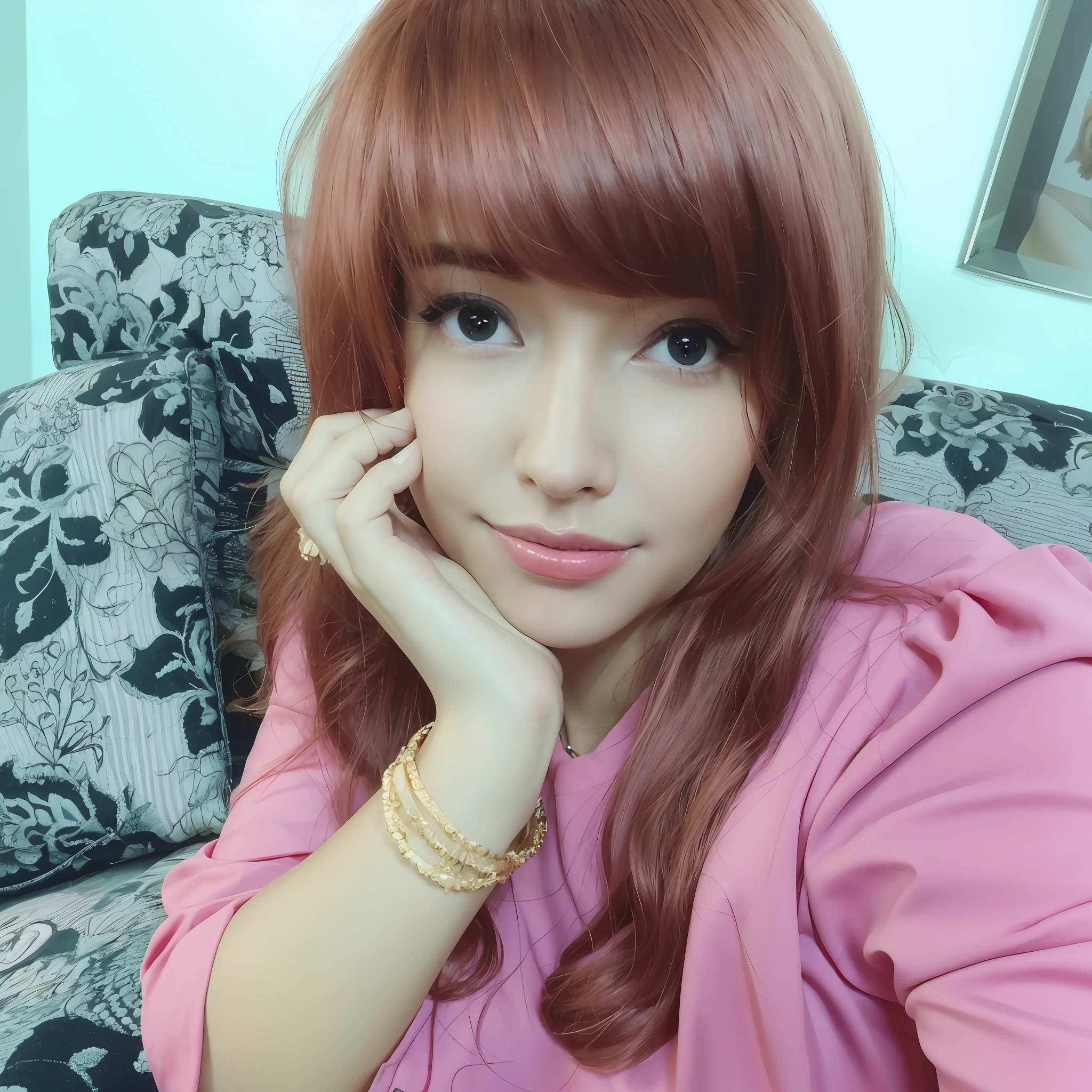 arafed woman with red hair and pink shirt sitting on a couch, with cute - fine - face, with accurate face, with lovely look, brown-red-hair pretty face, with professional makeup, beuatiful face, with red hair, very very very beautifull face, with pink hair, coral brown hair, beutiful face, very pretty face