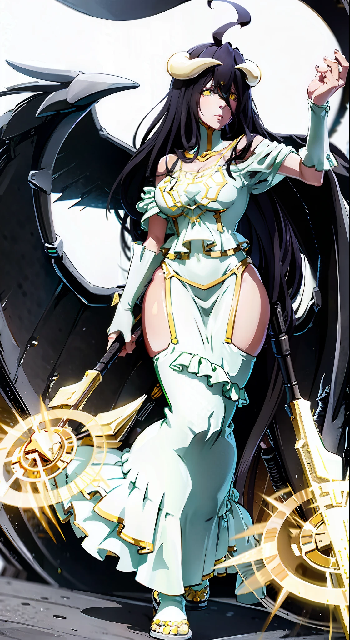 Albedo of Overlord Holding his axes, in a fighting game pose, Albedo of Overlord Anime,Albedo, Long black hair, Yellow eyes, wearing a white dress, Black angel wings, white horns,fighting game character, Guilty Gear art style, Dnf Duel art style, Arc System Works art style, video game character, official full-body character art, fighter pose, official full-body art, white background, simple background of a single color,