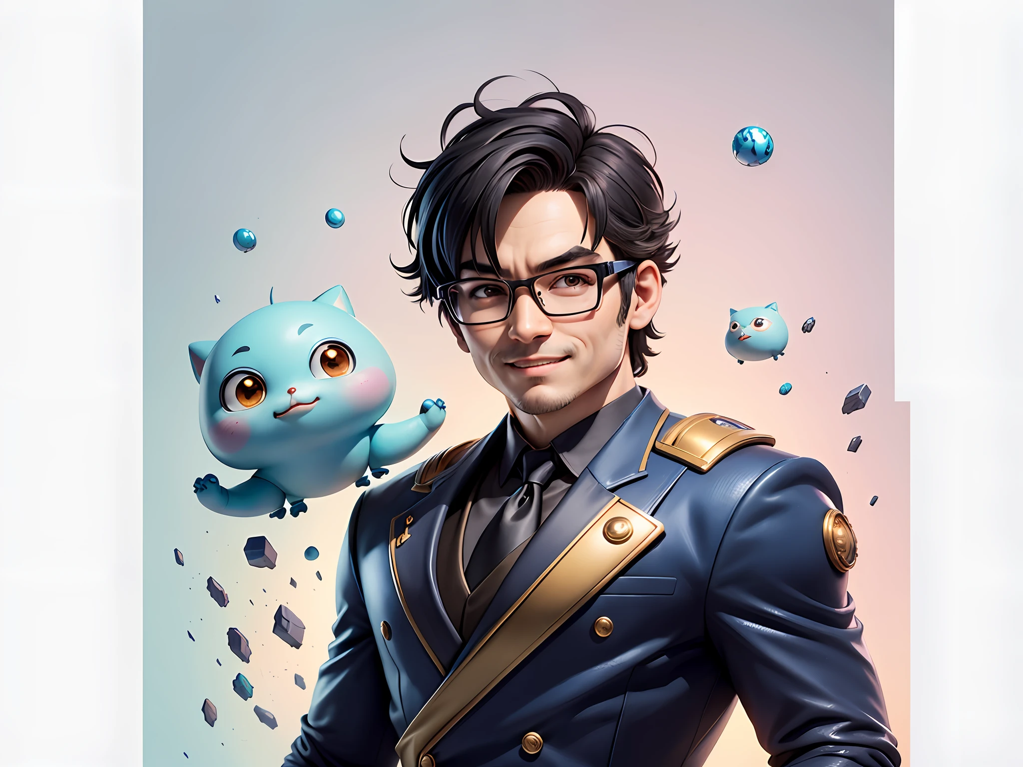 Masterpiece), (Excellent), (Super Meticulous), (Full Body: 1.2), Super Young Woman, Beautiful, Sexy, Bursting, Oriental Face, TV Anchor, Bust Portrait Illustration, Alone, Black Suit, Blue Tie, Silver Glasses, Slightly Chubby Face, Very Clean Face, No Beard, Black Super Short Hair, Black Eyes, Confident Smile, 3c Computer Sub-Products, iPad, iPhone, Digital Painting, 3D Character Design by Akira Toriyama with Mark Claireden and Pixar and Hayao Miyazaki, The illustration is a high-definition illustration in 4K resolution with very detailed facial features and cartoon-style visuals.