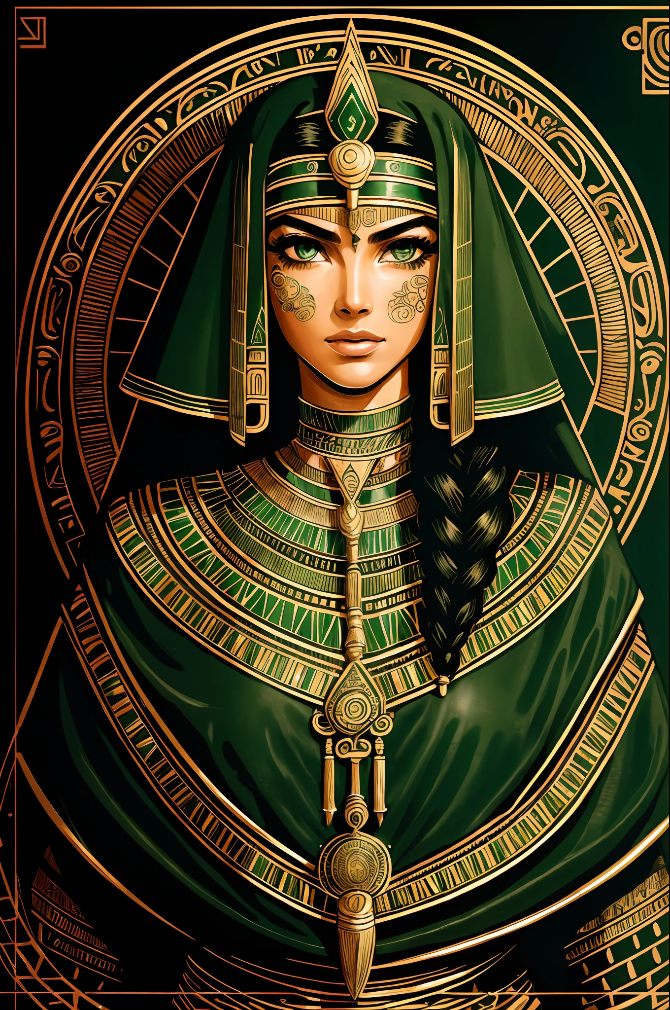 1 adult Egyptian woman, green eyes, black hair flaps, portrait, solo, upper body, looking at viewer, detailed background, detailed face,  OldEgyptAI, ancient egyptian theme,  feral jungle warrior, pink tribal clothing, obsidian, defensive stance, stone knife, bushes, poisonous plants, rocks,  humid climate, darkness, cinematic atmosphere,
dark chamber, dim light (zentangle, mandala, tangle, entangle), (golden and green tone:0.5)
(35mmstyle:1.1), front, masterpiece, 1970s film, , cinematic lighting, photorealistic, high frequency details, 35mm film, (film grain), film noise,