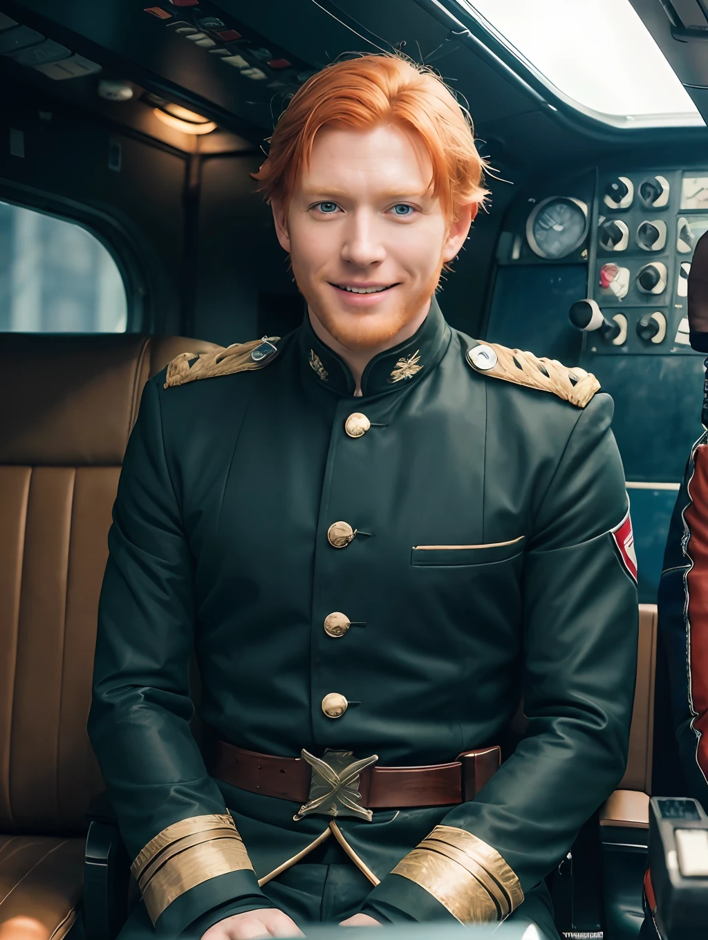 8k uhd, dslr, film grain, Fujifilm XT3, (best quality: 1.3), (masterpiece: 1.1), high resolution, cinematic light, intricate details, (photorealistic), outside, beautiful outside, sunny,
arafed man in military uniform sitting in a military airplane, a colorized photo inspired by Oskar Lüthy, tumblr, bauhaus, baron harkonnen!, vergil, roguish smirk, wolfenstein, baron harkonnen, igla movie shot, looks like domhnall gleeson, (smile), (full body: 1.6), slender, (((ginger hair)))