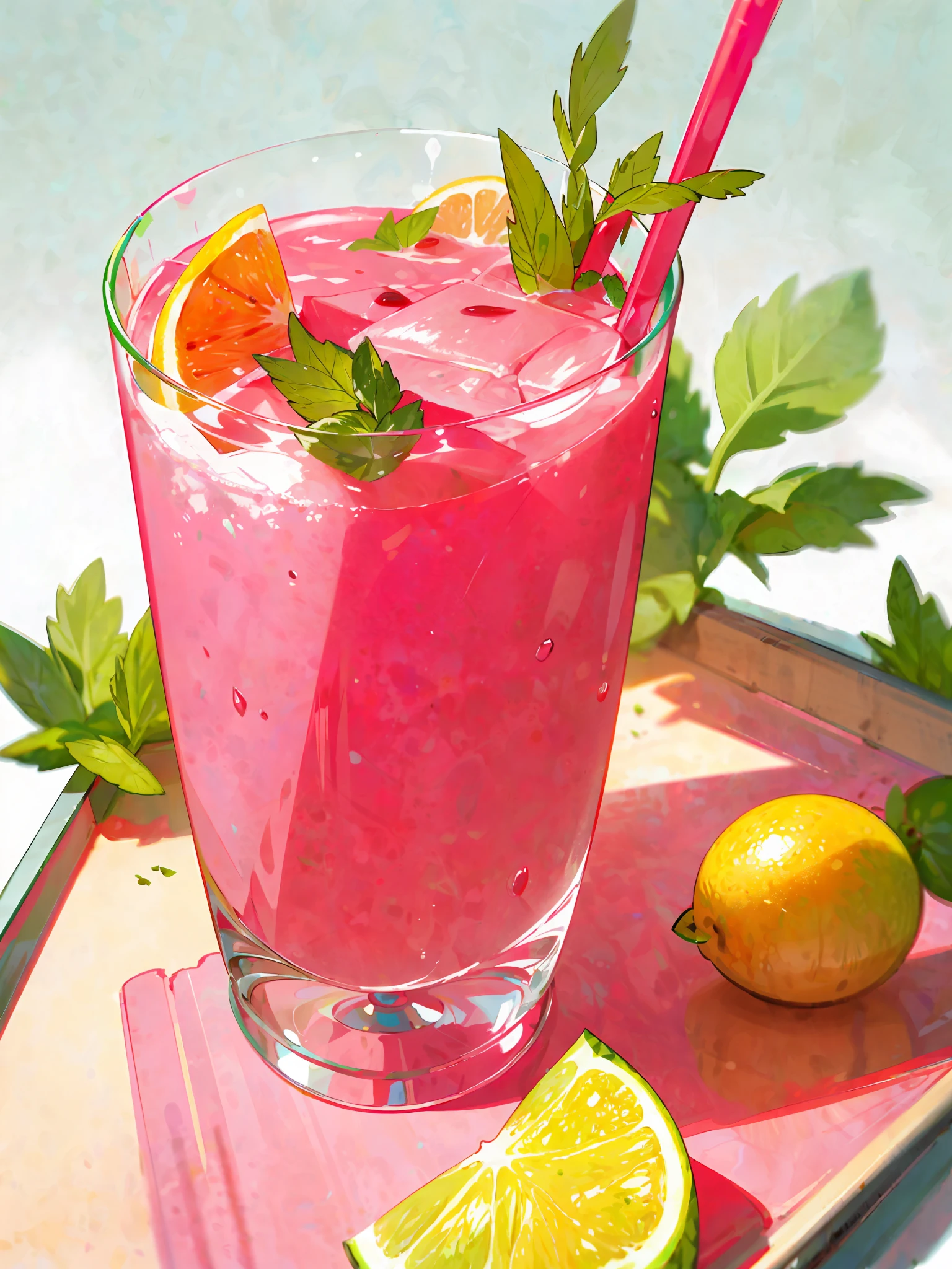 A glass of watermelon juice, pink, frozen effect, on a wooden tray, next to two lemons and mint leaves, green and red straws, super realistic food image, full theme shown in photo,, Randy Post , hyper realistic ", hyper realistic", high res photo