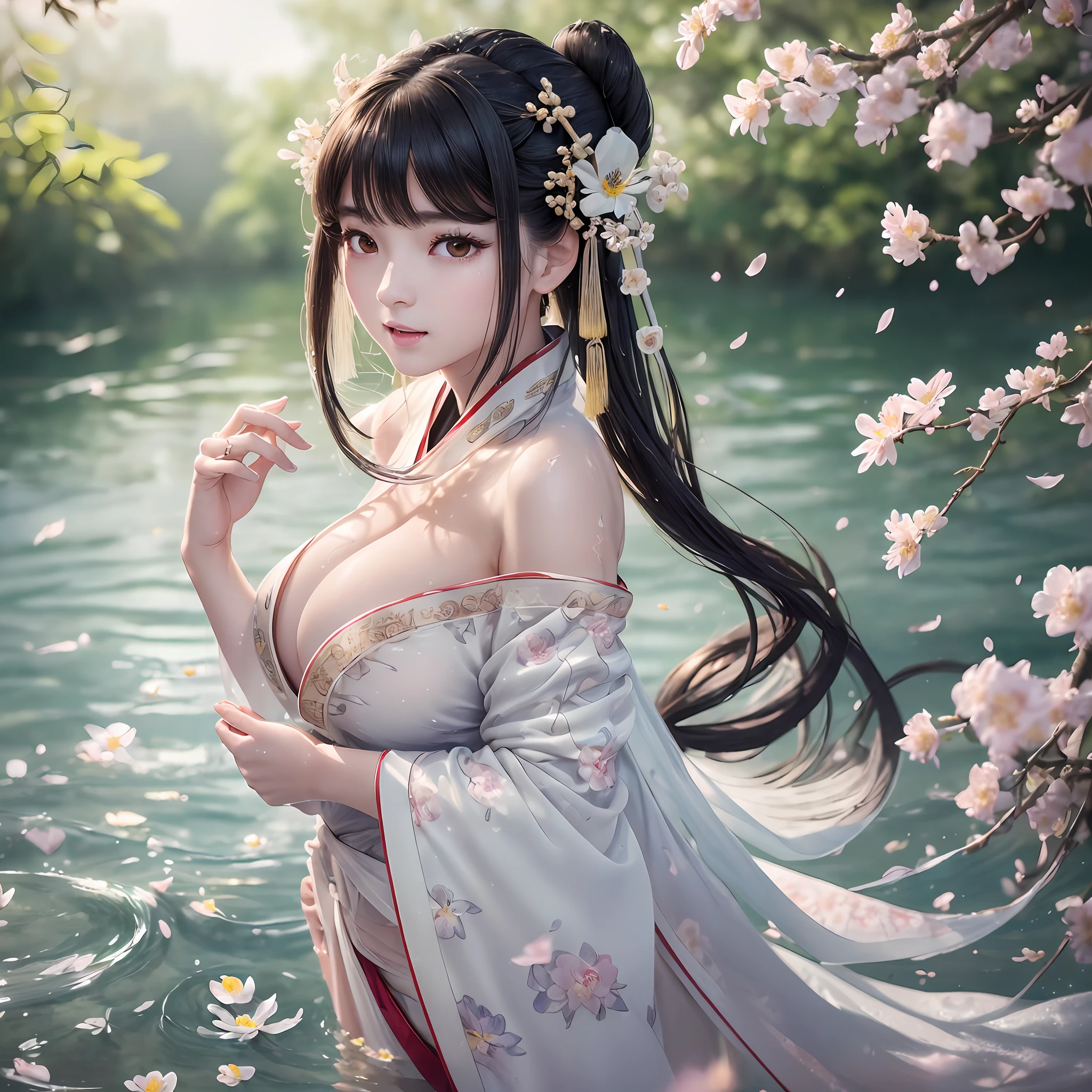 parameters best quality, ultra high res, (photorealistic:1.35),(Korean:1.1) ,ultra-detailed,incredibly detailed,(an extremely delicate and beautiful),detailed cg 8k wallpaper,(nsfw:1.4641),POV, (half naked hanfu:1.8), (realistic humid skin:1.2),(solo:1.4), (1girl:1.1),(hanfugirl:1.6),(open clothes:1.4), (off shoulder:1.1), (looking at viewer:1.331), (large breasts:1.71),(clear fingers:1.5), (shiny skin:1.41), armlet, bangle, anklet, black hair, blunt bangs, parted bangs, high ponytail, hair rings, half updo, braided bun, (widow's peak:1.21), hair ornament, earrings,(Standing in the water:1.331), (parted lips:1.1), (eyelashes:1.1), (happy:1.6), (depth of field:1.1), lens flare, (chromatic aberration:1.1), (caustics:1.1), in summer, (water:1.331), branch, (beautiful detailed sky:1.331), (flower on liquid:1.331),white clothes,Mouth slightly open, beautiful detailed eyes,(scattered luminous petals:1.331), (style-keta:0.78), (qrx:0.51),gbf --auto --s2