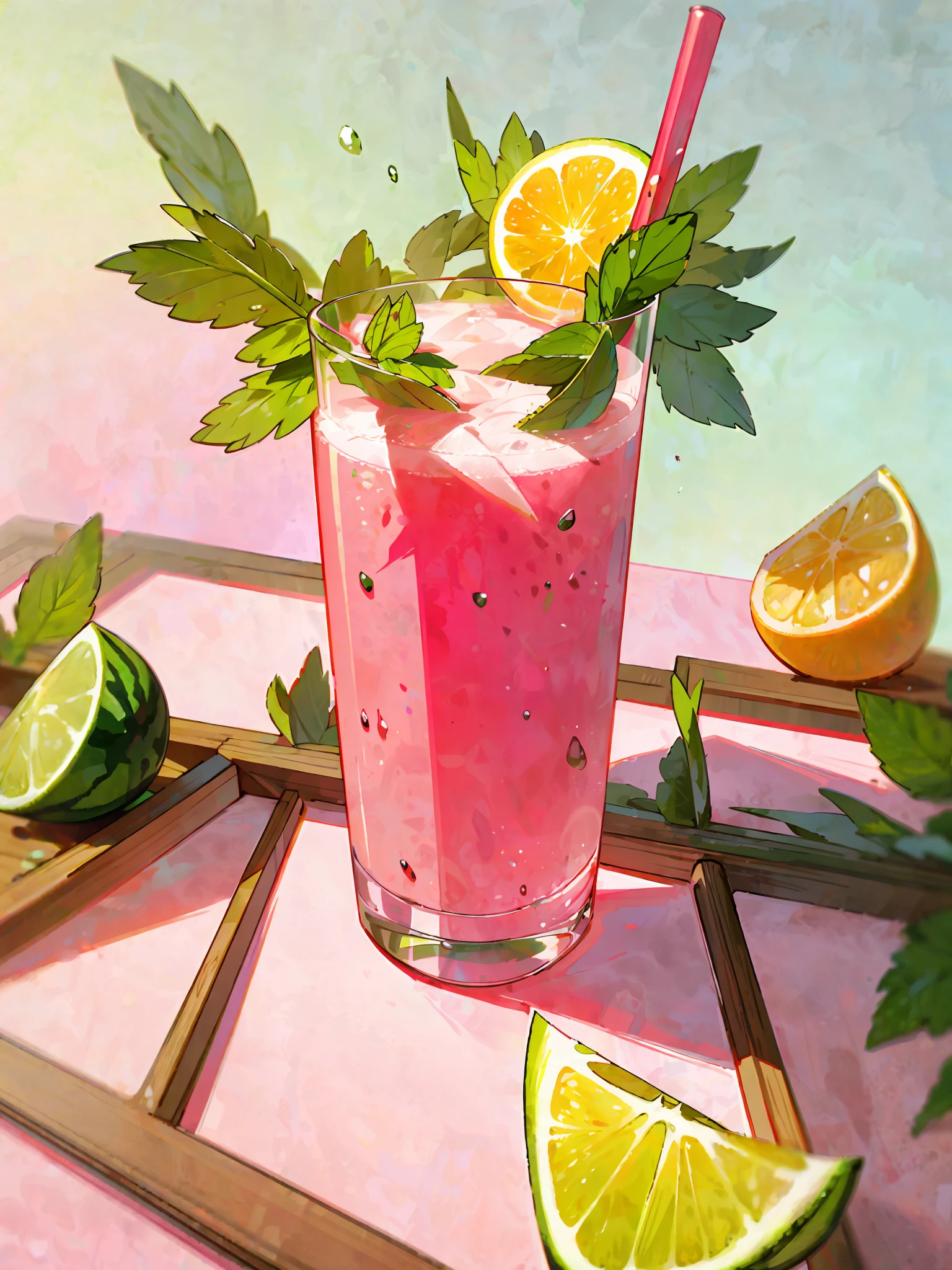 A glass of watermelon juice, pink, frozen effect, on a wooden tray, next to two lemons and mint leaves, green and red straws, super realistic food image, full theme shown in photo,, Randy Post , hyper realistic &quot;, hyper realistic&quot;, high res photo