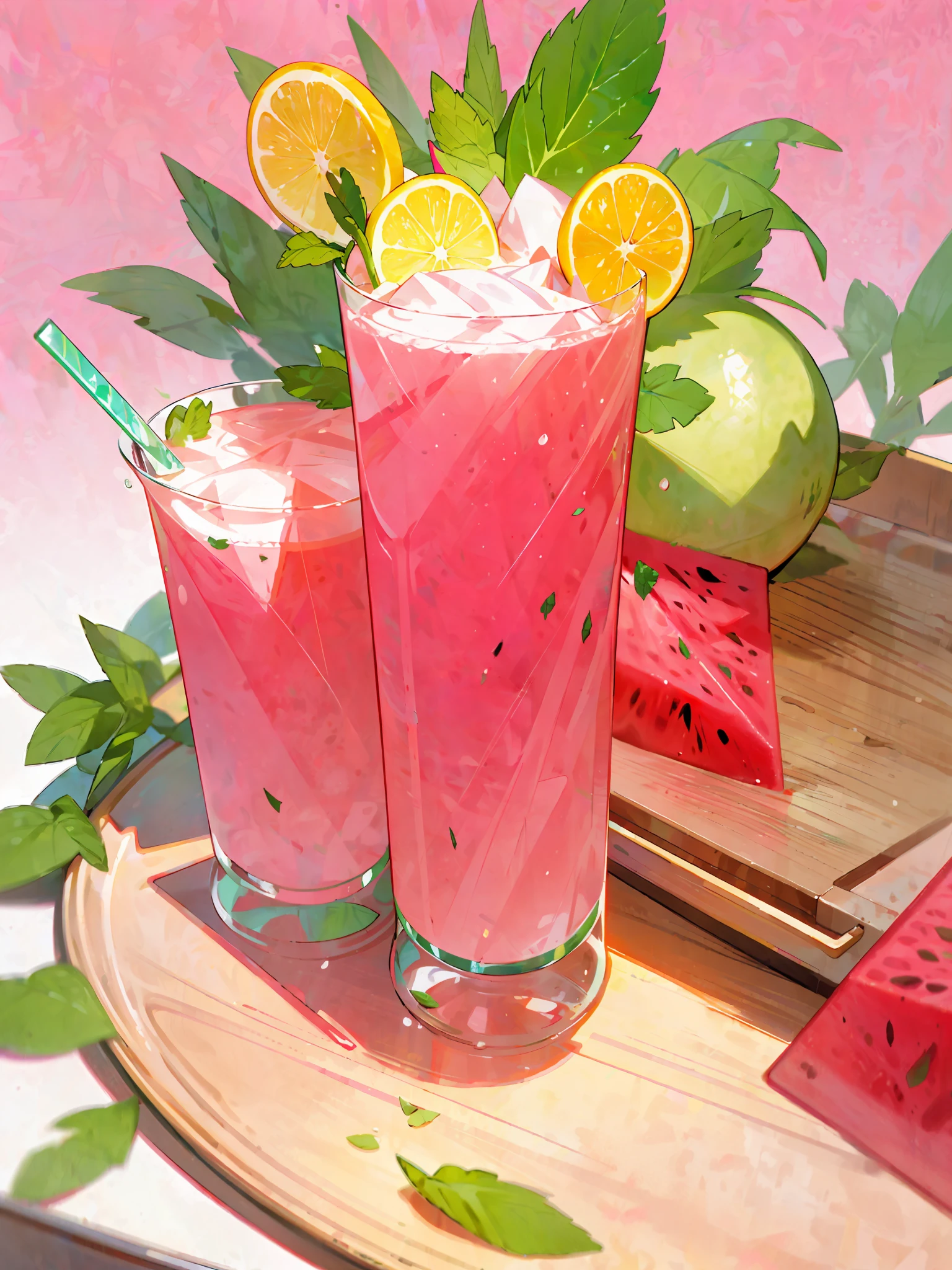 A glass of watermelon juice, pink, frozen effect, on a wooden tray, next to two lemons and mint leaves, green and red straws, super realistic food image, full theme shown in photo,, Randy Post , hyper realistic ", hyper realistic", high res photo