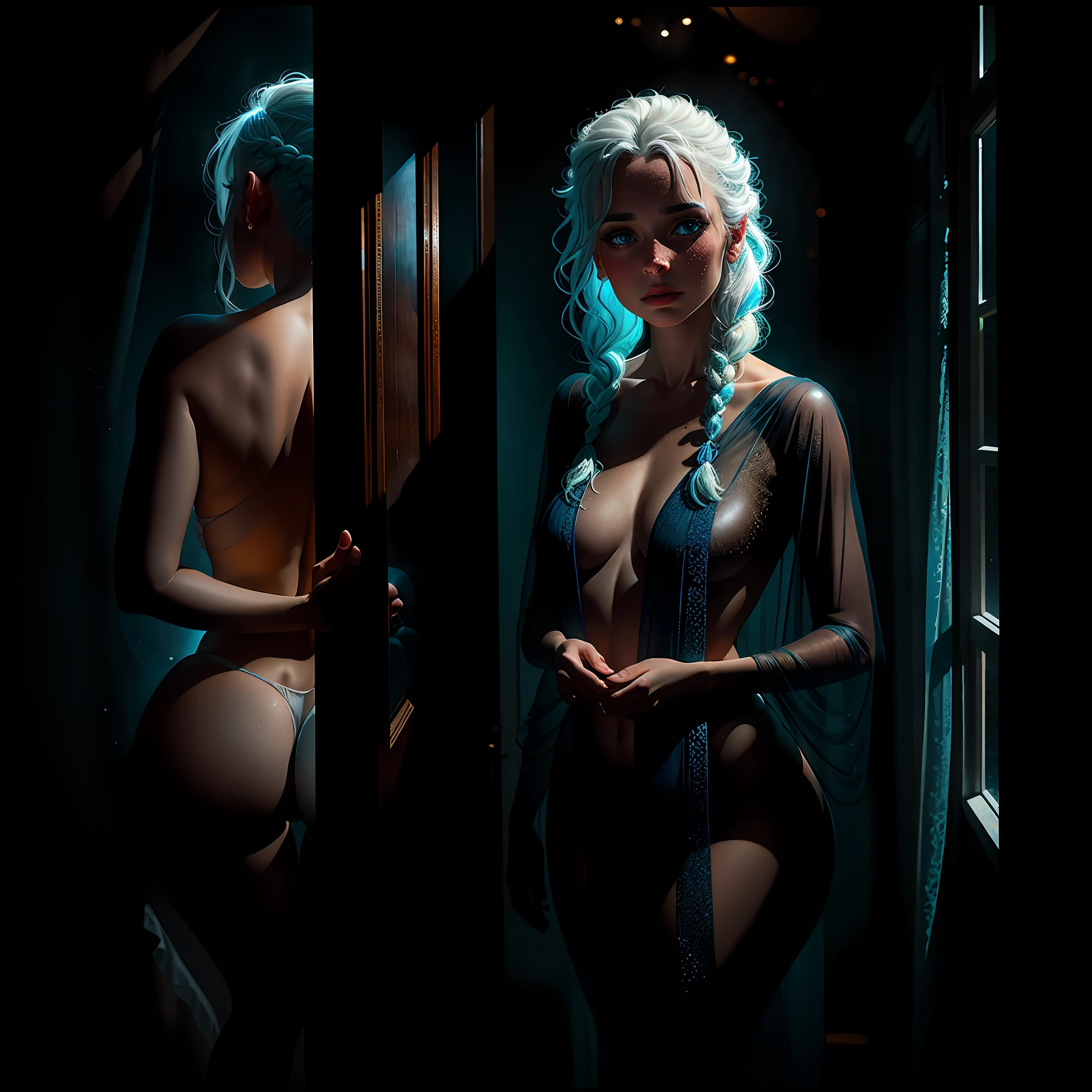 deep shadow, night, Style-NebMagic, award winning photo, blue eyes ((solo)) of a nude 1girl wearing a sheer translucent gossamer robe ((back turned)) style-sylvamagic, leaning over a balcony looking at the ocean, amazing body, pronounced feminine features, full body, (braided white hair), freckles, body freckles, curvy, french braid, by lee jeffries nikon d850 film stock photograph 4 kodak portra 400 camera f1.6 lens rich colors hyper realistic lifelike texture dramatic lighting unreal engine trending on artstation cinestill 800, (deep shadow:1.1), dark black, night