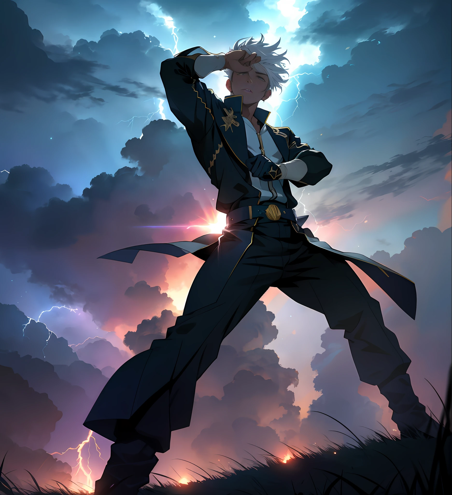 anime style, raised fist, anime, sparkle, backlighting, god rays, cinematic lighting, UHD, masterpiece, ccurate, anatomically correct, textured skin, super detail, high details, high quality, award winning, best quality, highres, 4K, (1boy:1.5), mature, steady, lightning, wind, (holding lightning), (lightning in hand), white hair, particles, (costume), backlight, (battle stance)