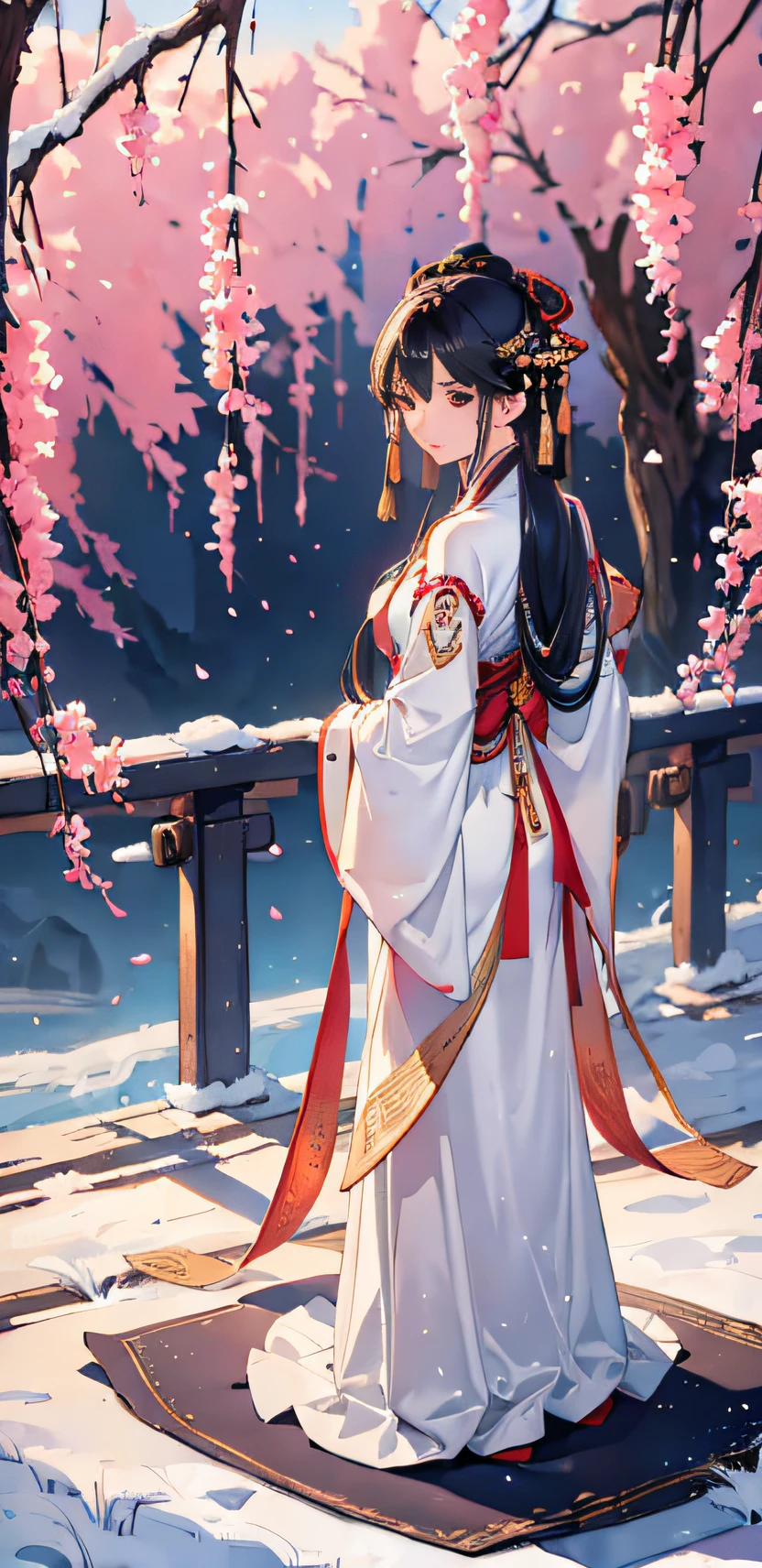 An ancient Chinese beauty, thin, petite, long black hair, hairpin, sideways, sides, back, back, invisible face, distant figures, character models accounted for 20% of the picture, characters accounted for 20% of the picture, wearing ancient clothing, Song Dynasty costumes, gray and white clothes, loose clothes, simple clothes, cloth, flowing tulle, light silk, traditional clothing; Standing posture, sideways movements; Natural and elegant action, overlook view, outdoor, cloudy, willow, branches, weeping willows, petals falling, retro style, dreamy, vista, clean colors, decisive cut, white space, freehand, masterpiece, super detailed, epic composition, high quality, dark colors, warm tones, main colors red, red, panorama bokeh.
