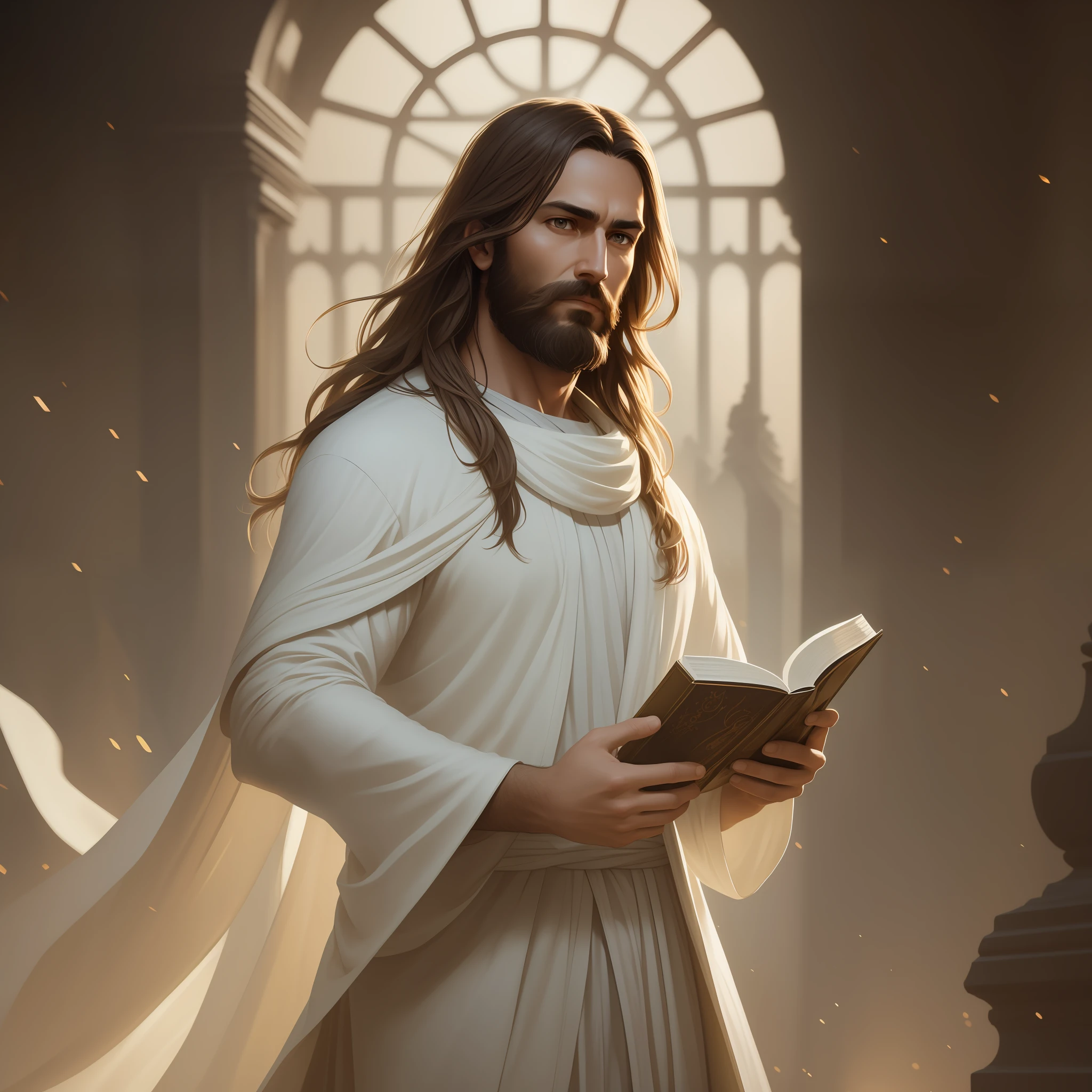 Portrait of Jesus Christ [white tunic] with bible [open] in hand, ((medium hair and medium brown beard)), ((masterpiece)), best quality, high quality, 8k unit wallpaper, award-winning photography, Bokeh, Depth of Field, HDR, flower, chromatic aberration, photorealistic, extremely detailed, intricate, high detail, dramatic, art in the middle of the journey, volumetric lighting, art by Artgerm and Ruan Jia and Greg Rutkowski Surreal painting,  full body, (masterpiece, beautiful finely detailed eyes: 1.2), HDR, 8K, God Ray