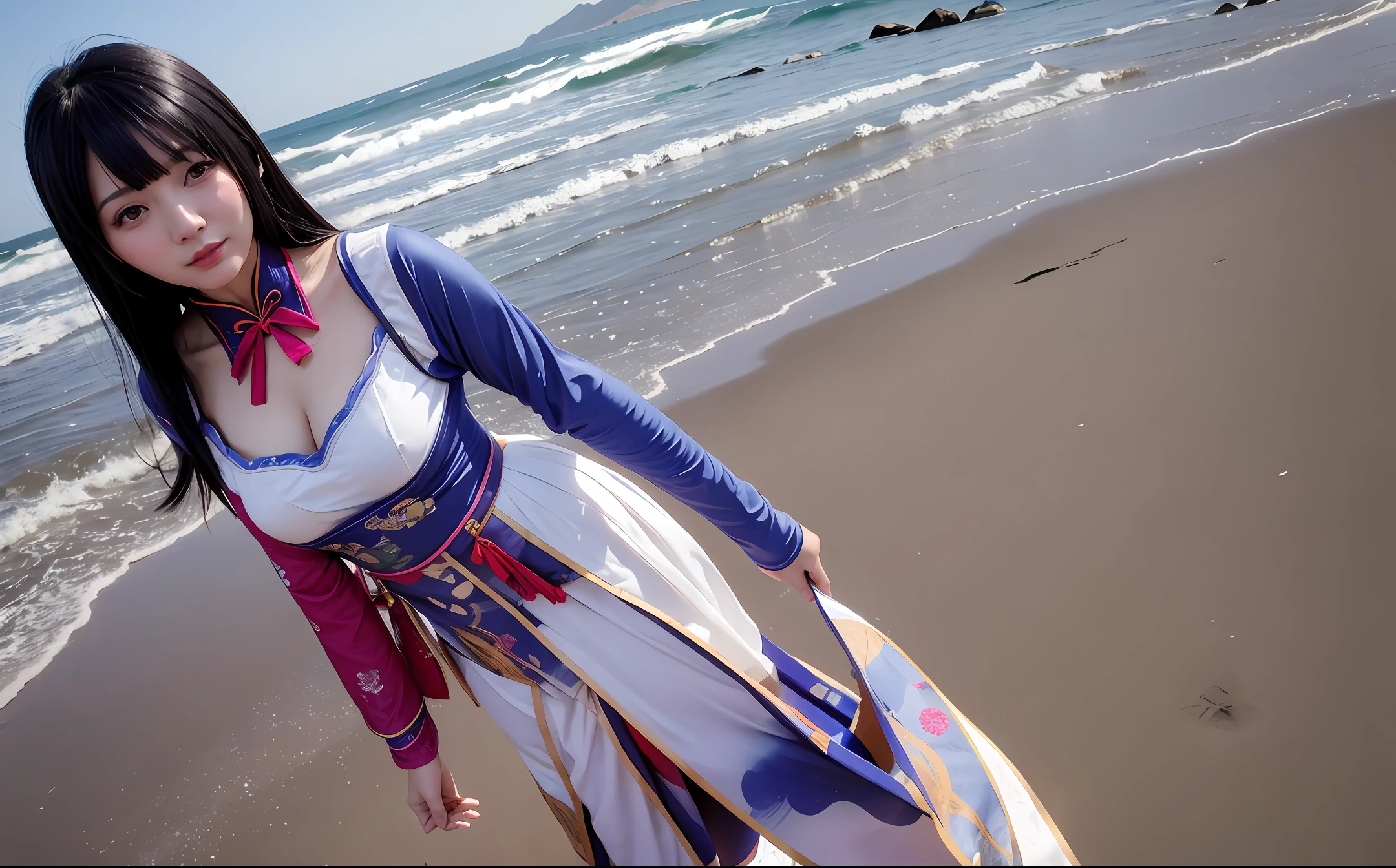 A beautiful woman on the beach in Houzhou, Beijing, with long hair, perfect figure, wearing a cheongsam