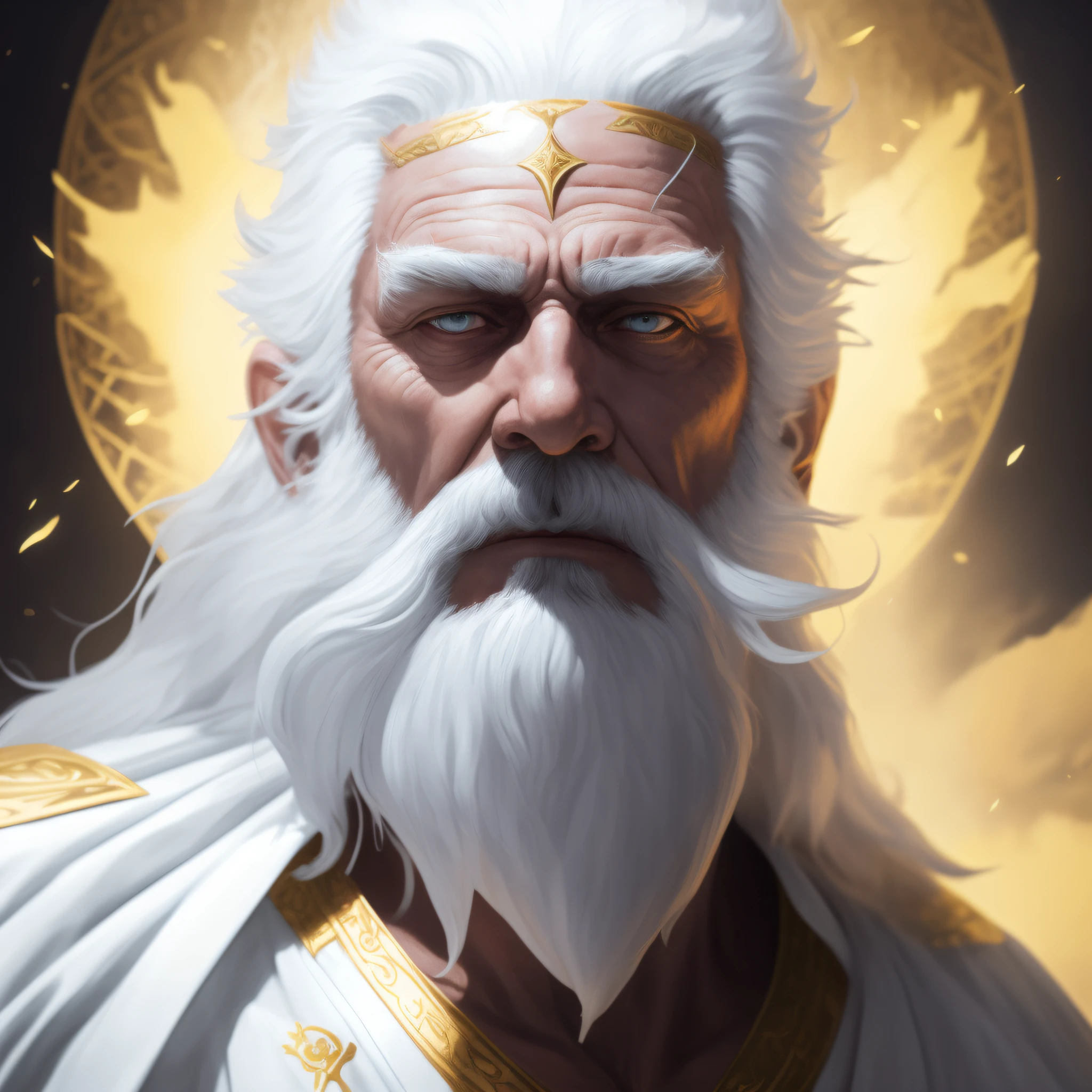 a close up of a man with a white beard and a white beard, portrait of emperor of mankind, portrait zeus, male god svarog portrait, concept art of god, furious god zeus, godrays digital painting, trending on artstation:3, trending on artstation hq, the god emperor of mankind, the god zeus, artstation masterpiece