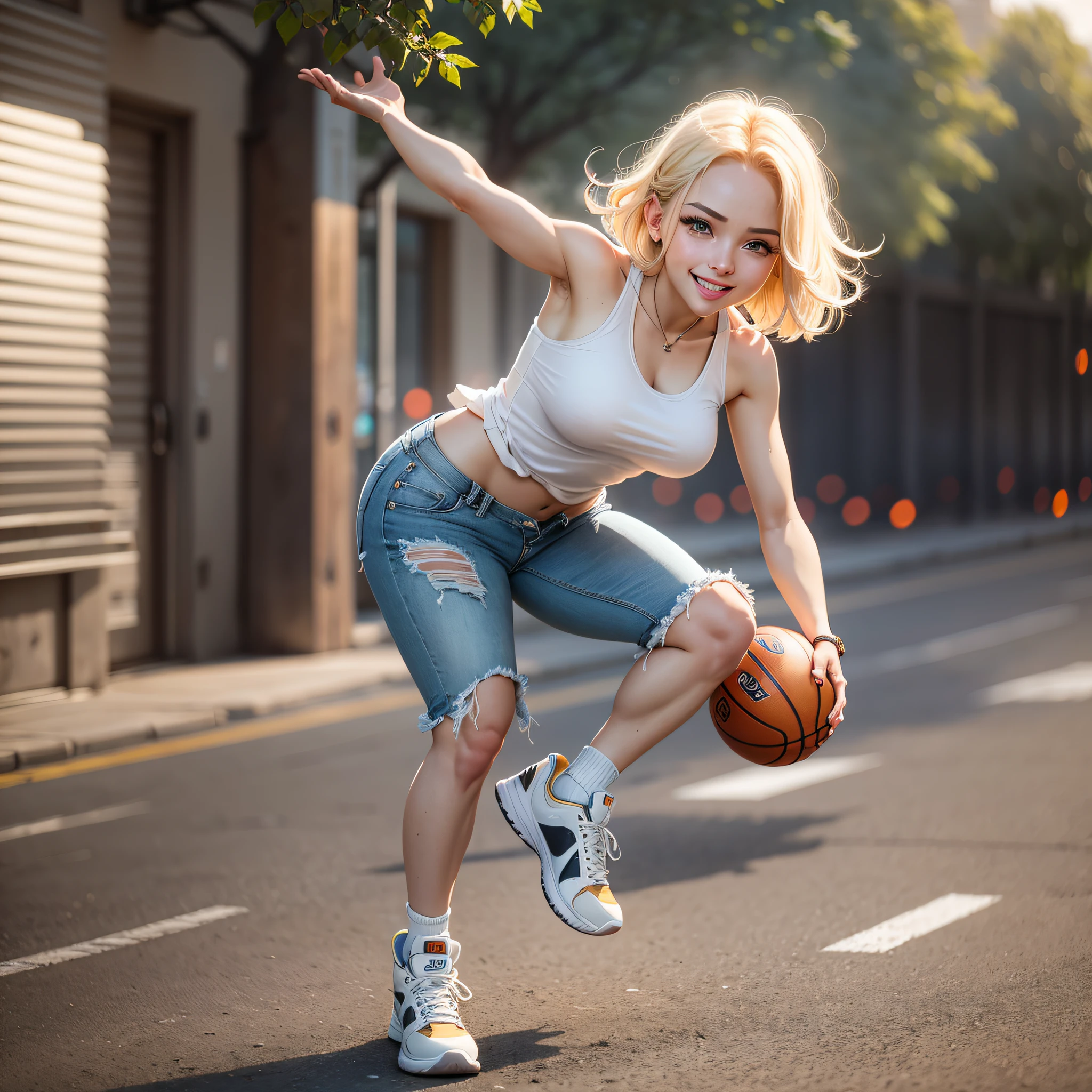 {masterpiece, best quality, extremely detailed CG, unity 8k wallpaper, cinematic lighting}}. design art,  1 girl, full body, A  beautiful girl riding an electric kick scooter in a park. She is stunningly cute, with a smile, short bob hairstyle in golden blonde, blue eyes, double eyelids, long eyelashes, long limbs, She is wearing a white tank top, distressed denim shorts, and white low-cut basketball shoes. Striking an active pose. Cinematic lighting reminiscent of a movie. --auto --s2