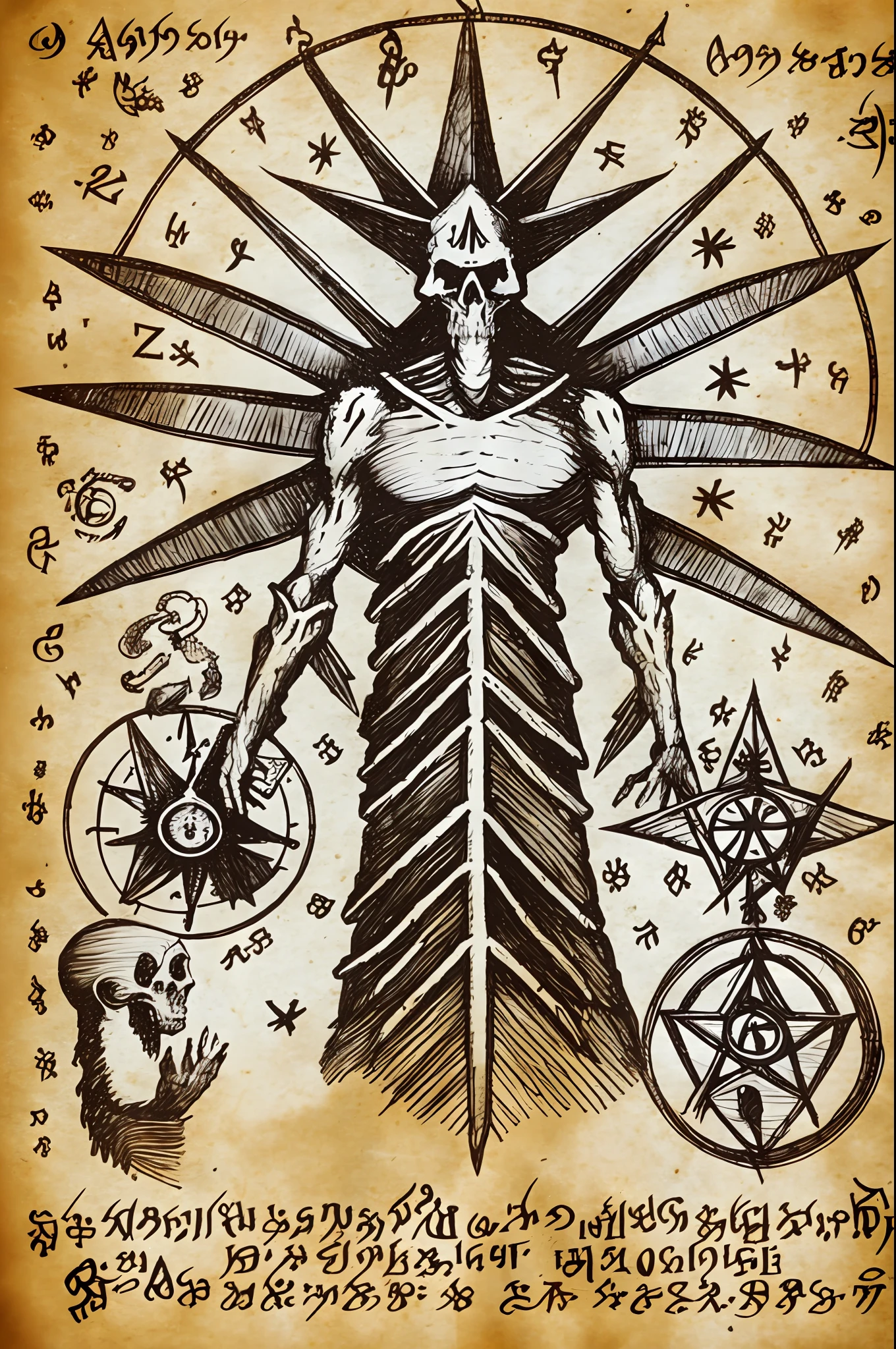 (Necronomicon Sketch: 1.1), archangel holding a skull and a bible \(object\), seven-pointed stars \(symbol\), the Great Ultimate, fire, blood, by atbgams, zodiac symbols