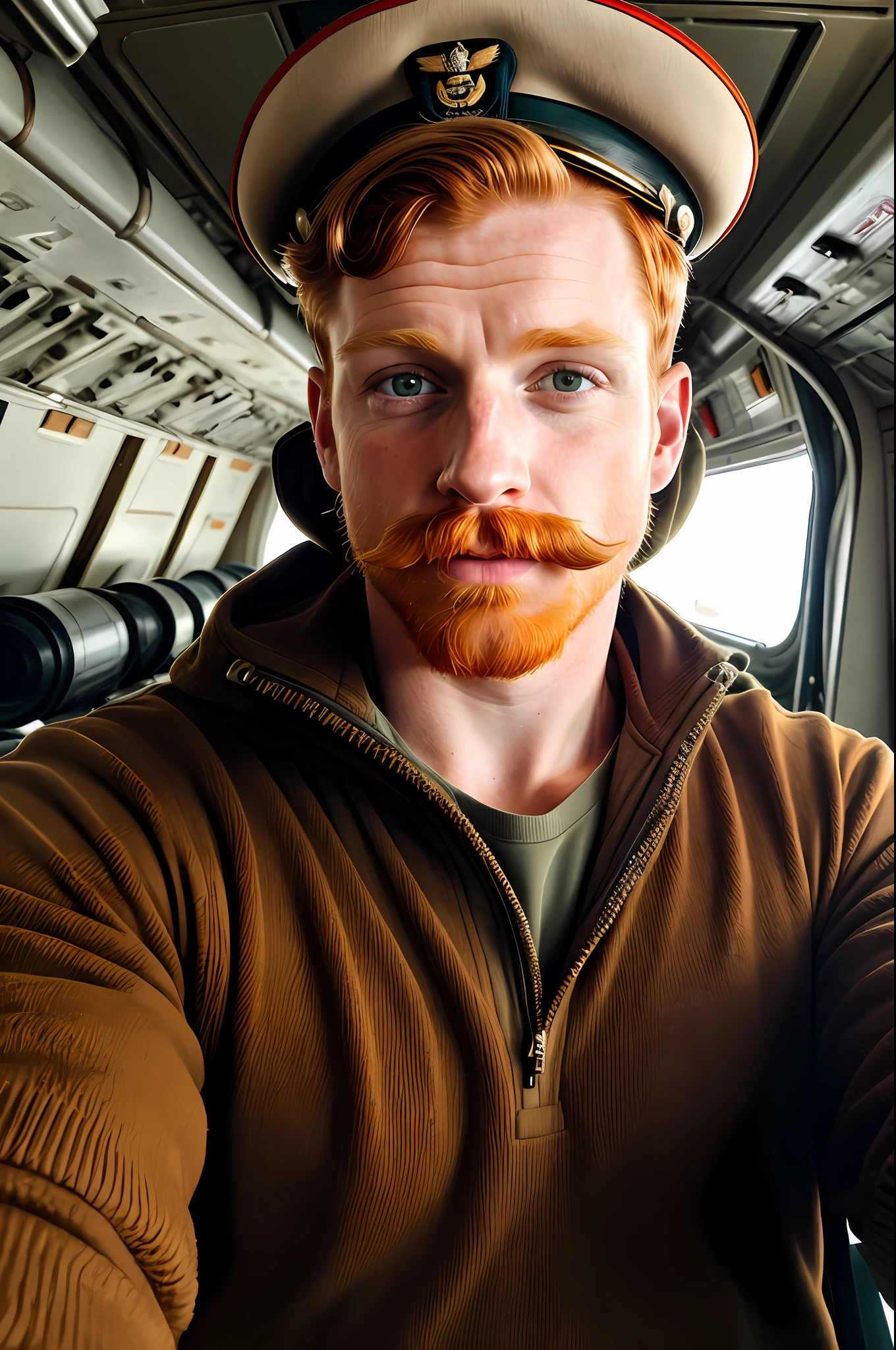 1 man 32 years ((upper body selfie, happy)), masterpiece, best quality, ultra-detailed, solo, ((ginger hair and with small mustache)), wearing military uniform and military hat walking on a military airplane runway, a color photo, style, (warm hue, warm tone): 1.2), close-up, cinematic light, side lighting, ultra high resolution, best shadow, RAW, upper body, wearing pullover