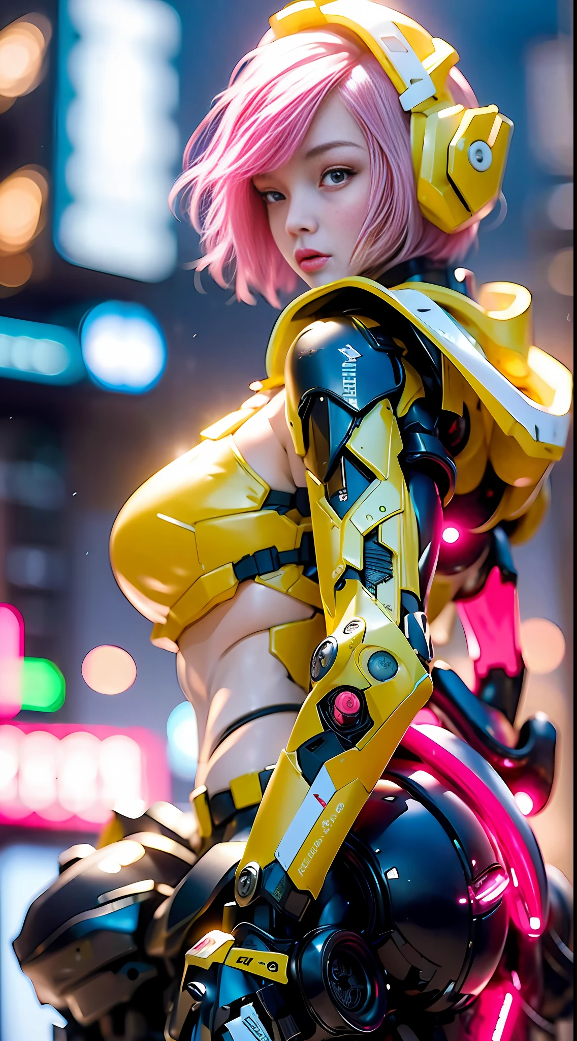 (8k, RAW photo, best quality, masterpiece:1.2), (realistic, photo-realistic:1.37),1girl, short hair,wearing free_styles_hightech_jacket, backpack,cityscape, night, wet, professional lighting, photon mapping, radiosity, Korean Doll,torn , medium breasts, free_styles_hoodie_jacket,red,neon green,