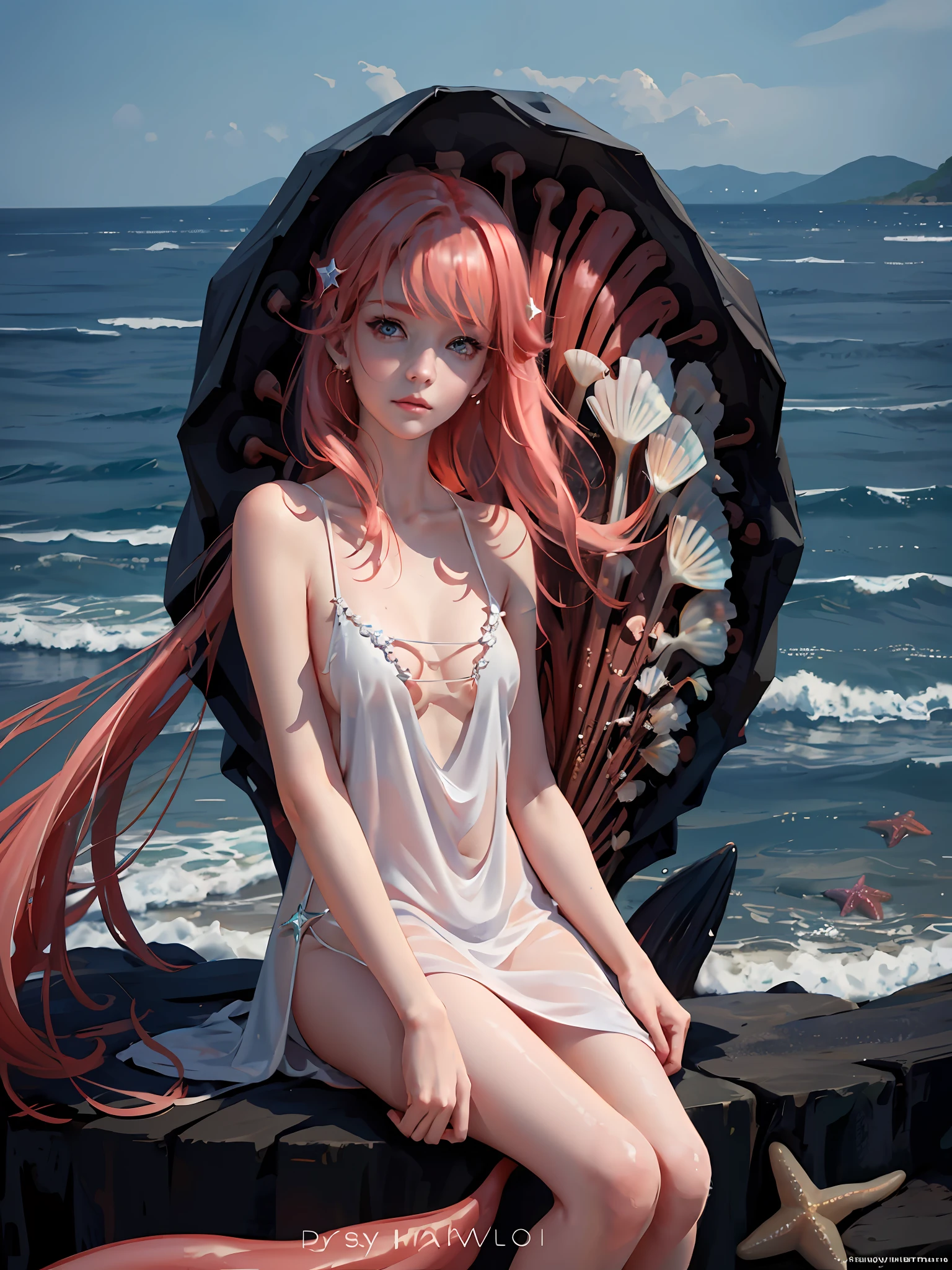 Ultra clear, ultra detail, dark night, seaside, natural light, long red hair, bright eyes, long eyelashes, pink slip dress, starfish, shells, pearl hair accessories, mermaids