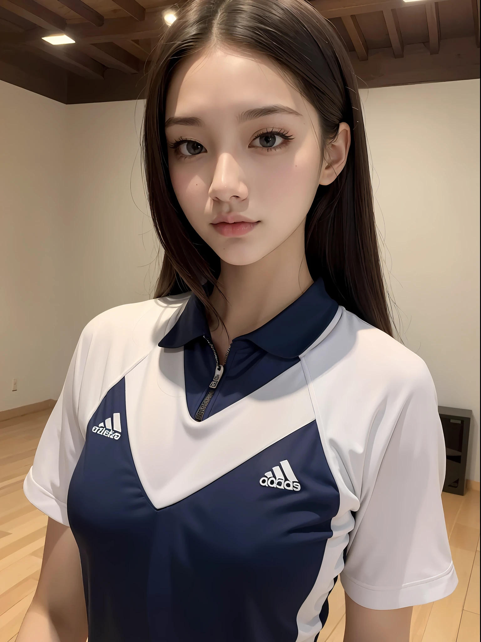 Top quality, 8k, masterpiece: 1.3)), selfie, pretty woman with perfect figure: 1.4, volleyball uniform, highly detailed face and skin texture, detailed eyes, double eyelids, full body image