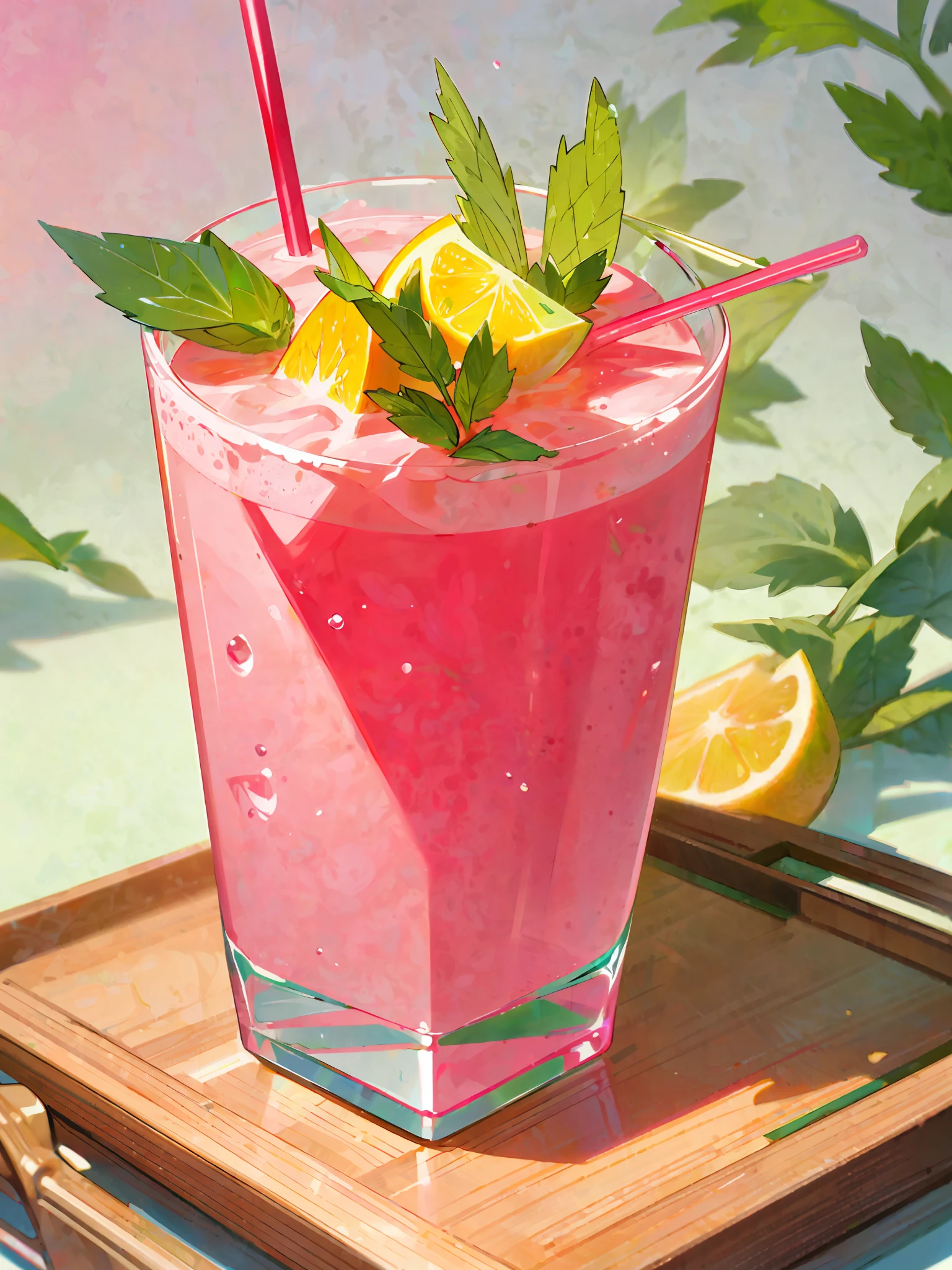 A glass of watermelon juice, pink, frozen effect, on a wooden tray, next to two lemons and mint leaves, green and red straws, super realistic food image, full theme shown in photo,, Randy Post , hyper realistic &quot;, hyper realistic&quot;, high res photo