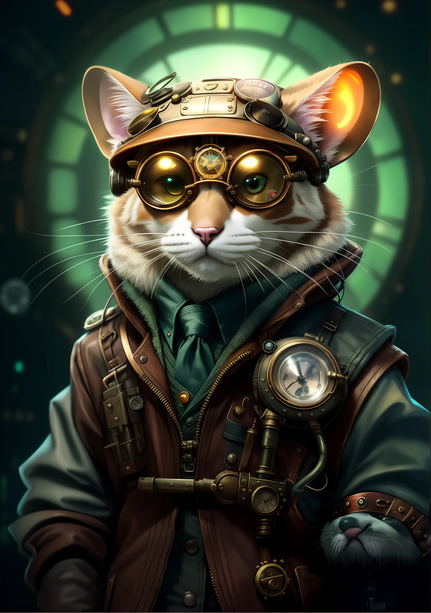 There is a cat wearing a steam-style clothing and glasses, steampunk mouse, steampunk mouse, portrait of a steampunk kitten, portrait of a mouse-mad scientist, cyberpunk mouse folk engineer, a cute steampunk calico cat, steampunk fantasy style, cyberpunk cat, furry character portrait, wojtek fus, steampunk digital art, steampunk digital art, lofi bioshock steampunk portrait
