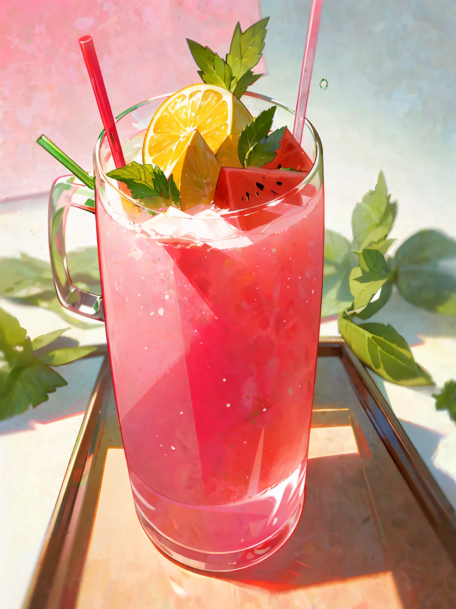 A glass of watermelon juice, pink, frozen effect, on a wooden tray, next to two lemons and mint leaves, green and red straws, super realistic food image, full theme shown in photo,, Randy Post , hyper realistic &quot;, hyper realistic&quot;, high res photo