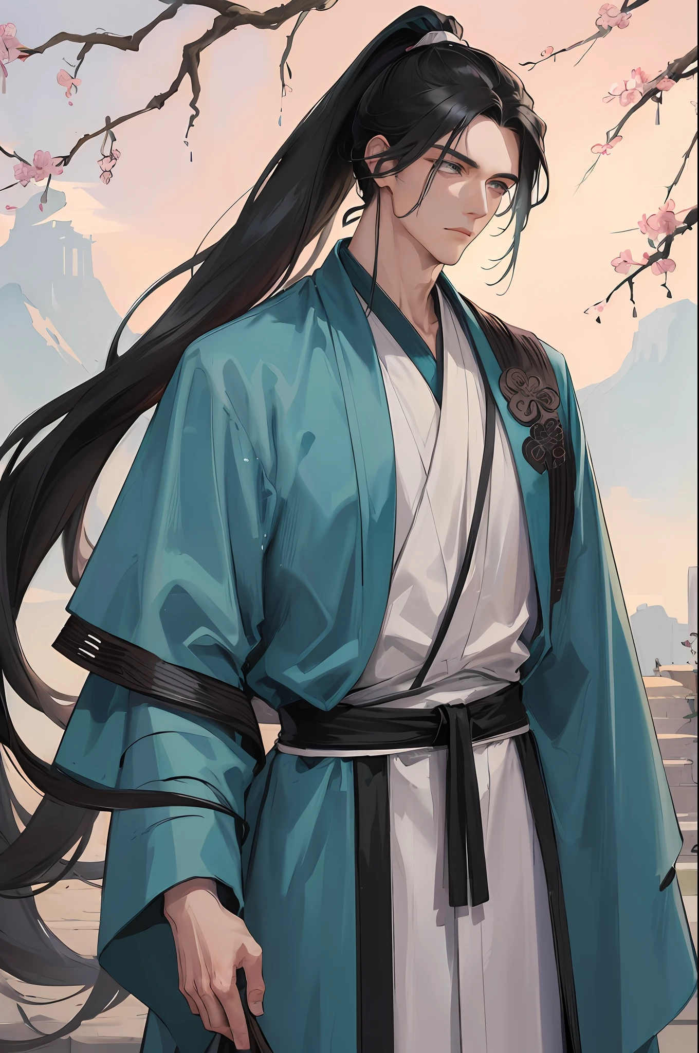 Masterpiece, best, a man, chinoiserie, ancient china, black hair, gray blue eyes, split hair, long hair, long bangs, high ponytail, handsome, masculine, gentle, tall, quiet, teal robe, outdoors, cloak, Branches, windy, young man, with a steady expression and a boxing posture