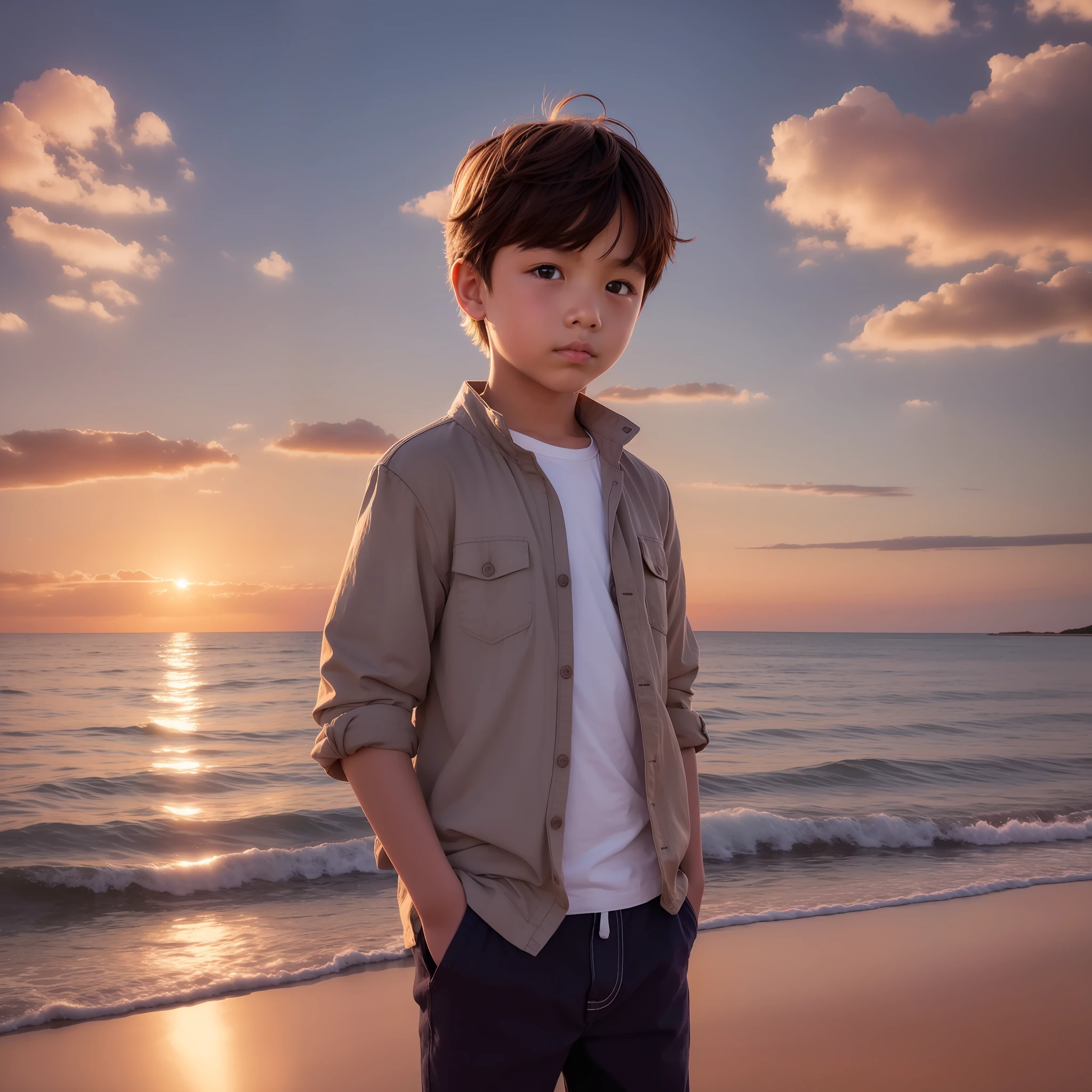 A boy standing in a infinity sea at sunset time