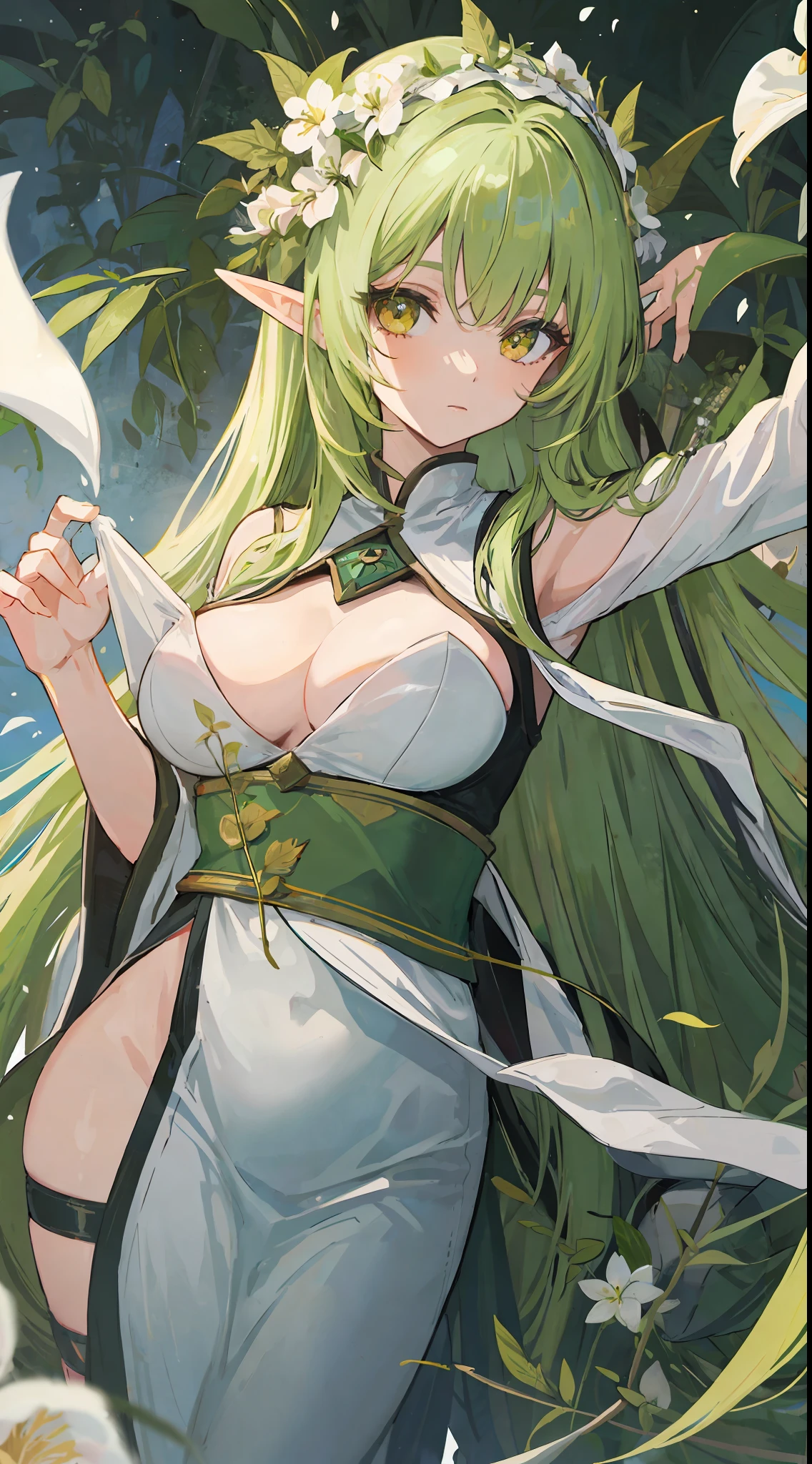 1mature elves girl, green long hair, golden eyes, white sage robe, she have white flower in her head and medium boobs