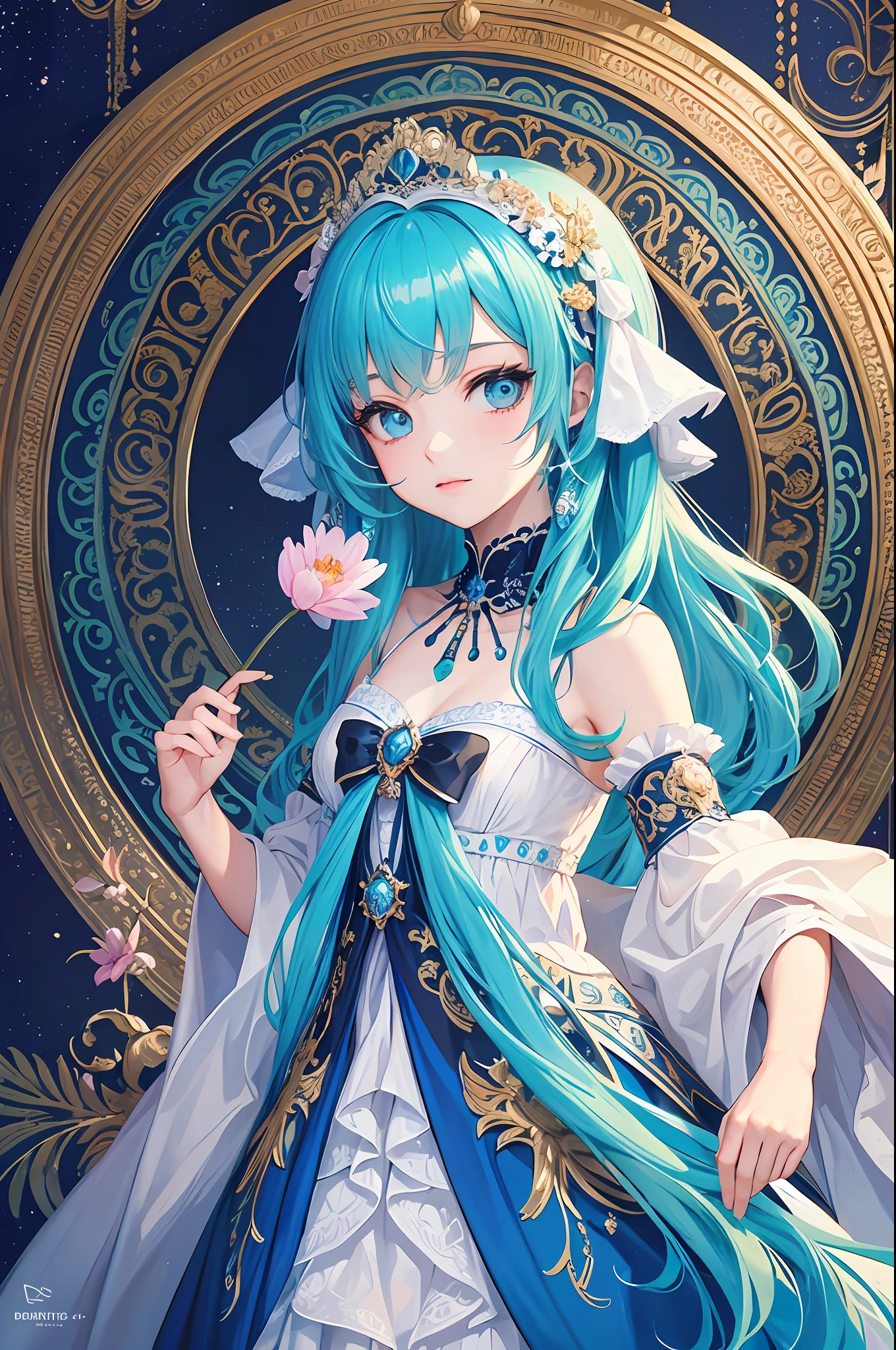 (Masterpiece, Top Quality, Best Quality, Official Art, Beauty and Aesthetics: 1.2), (1girl: 1.3), (Fractal Art: 1.3), Vibrant Aqua Blue Eyes, Medium Hair with Tassels,