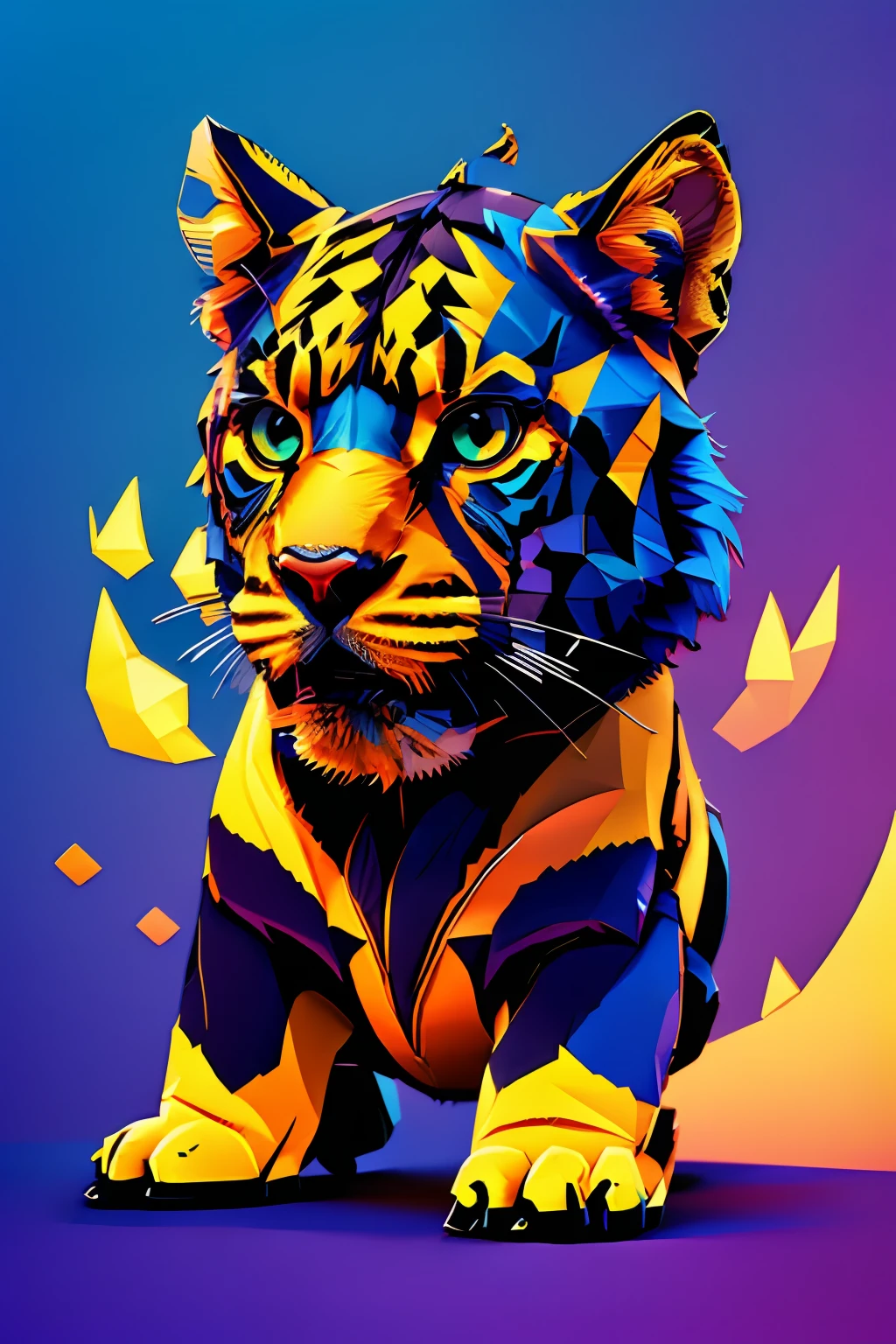 a silhouette design of 1panthera, 3D vector art, beautiful and quirky, bold bright color, black background, blue, yellow and orange colors, digital painting, low-poly, panoramic view, isometric style, retro aesthetic, character-focused, 8k resolution, photorealistic rendering, using 4D Cinema, front side.