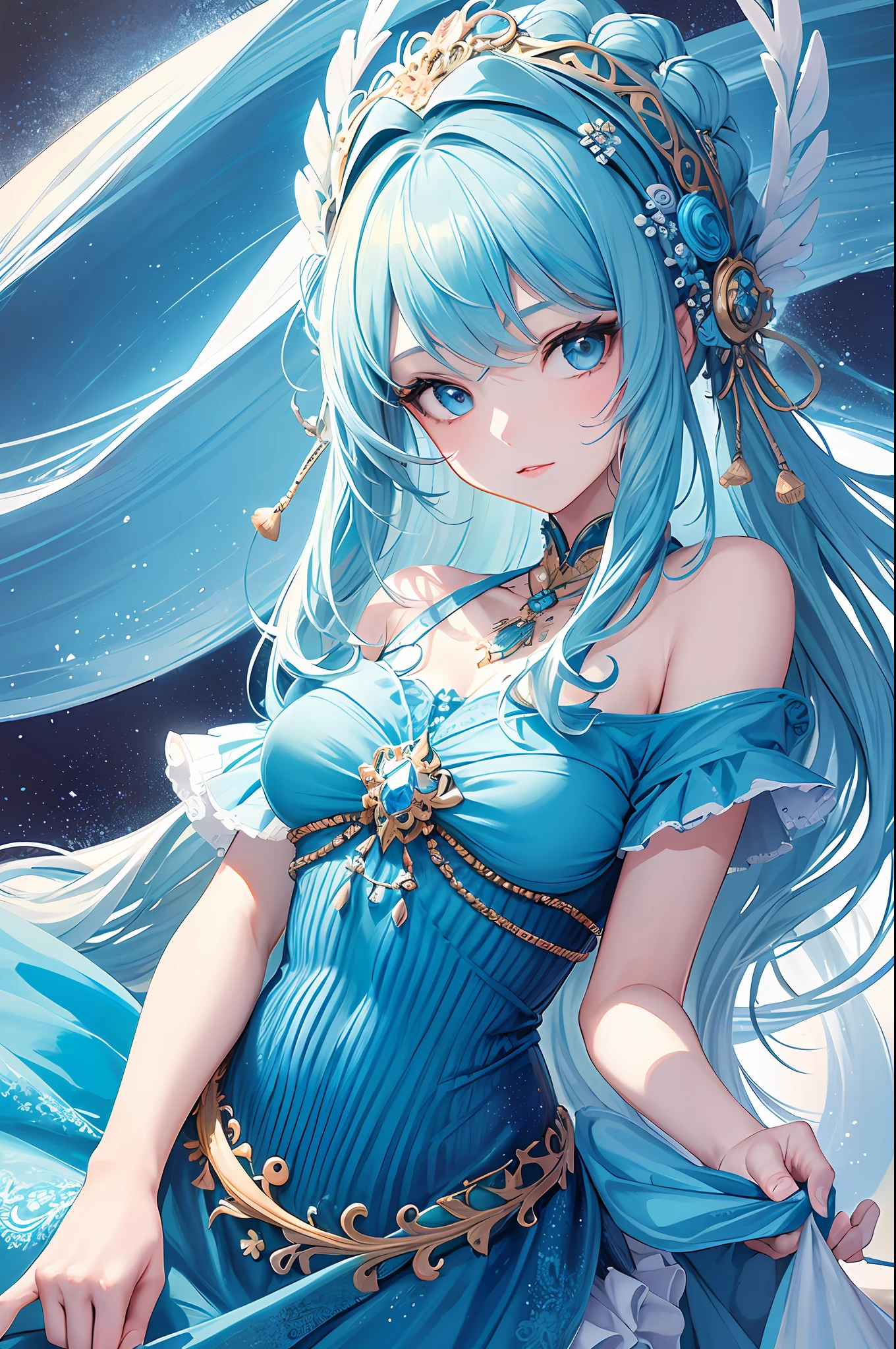 (Masterpiece, Top Quality, Best Quality, Official Art, Beauty and Aesthetics: 1.2), (1girl: 1.3), (Fractal Art: 1.3), Vibrant Aqua Blue Eyes, Medium Hair with Tassels,