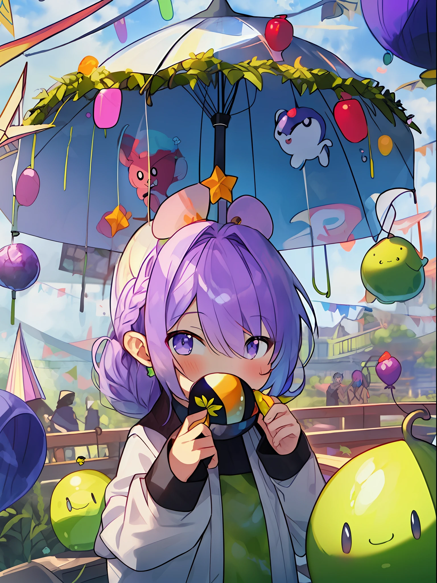pears in pale yellow color, (((umbrella with a picture on the inside, hairstyle with purple hair and green coloring, braid, portrait of upper body))), big eyes, drooping eyes, bright expression, height 165 cm, scale 1/20, light and shadow of Sertefan, illustration using the Octane renderer, anime-style illustration with a child-themed theme featuring characters, Fantasy RPG atmosphere, warm color scheme, soft, illuminated with high-quality images, details and accurate depiction, originality that attracts the attention of the audience, impressive poses and interesting activities, Mutsuki Con Works, highly detailed facial details, unique character design, anime-style boy, medium hair long, cherry pink-red hair color, blue eyes, Not an ugly face, five fingers, symmetrical, marble-like skin color, not an ugly body, two arms, two legs, game clothes, game gloves, game boots, Caucasian, background long shot, ((、、、、、、、 anime,、,、,、,、,、,-style boy, masterpiece: 1.5)), watercolor ink Original drawing, story movie, movie, manga illustration, cute, adorable, Detailed photo realistic, wallpaper pencil drawing, eyelashed eyes, dark blue moon, pan closet, cyber, virtual reality, 2 boys, 1 butler android, 1chatGPT, giant yellow fruit, world tree, (((ship)), lanlanlu, chic, butler who can't stop ringing, 77777, bonanza, dancing props, fruits wrapped in yellow translucent outlines, Kowloon World Tree, Worm Virus, Roots of Giant Trees Along the Coastline, Big Slime, Towering Over 20 of 0 Meters, Dome Ceiling, Handshake, Surface Tension, (Competing Emulators, Range, Robert Robert, Virtual Reality, Hi-Tech, Competition, Clones, Android,,) , Blue Kowloon Star, Dome World, Slime Fruit, Scattered Flowers, Bear Fruit, Metamorphosis, Green Vine-like Tendril, Countless Feathers Sprouting from the Skin, Kowloon World Tree with Huge Yellow Fruit, Giant Tree Root Proliferation Life, Moves Like Octopus Tentacles, Disguised as an Ocean, (Application Operating Range), Large Slime Berry, Constant Siz