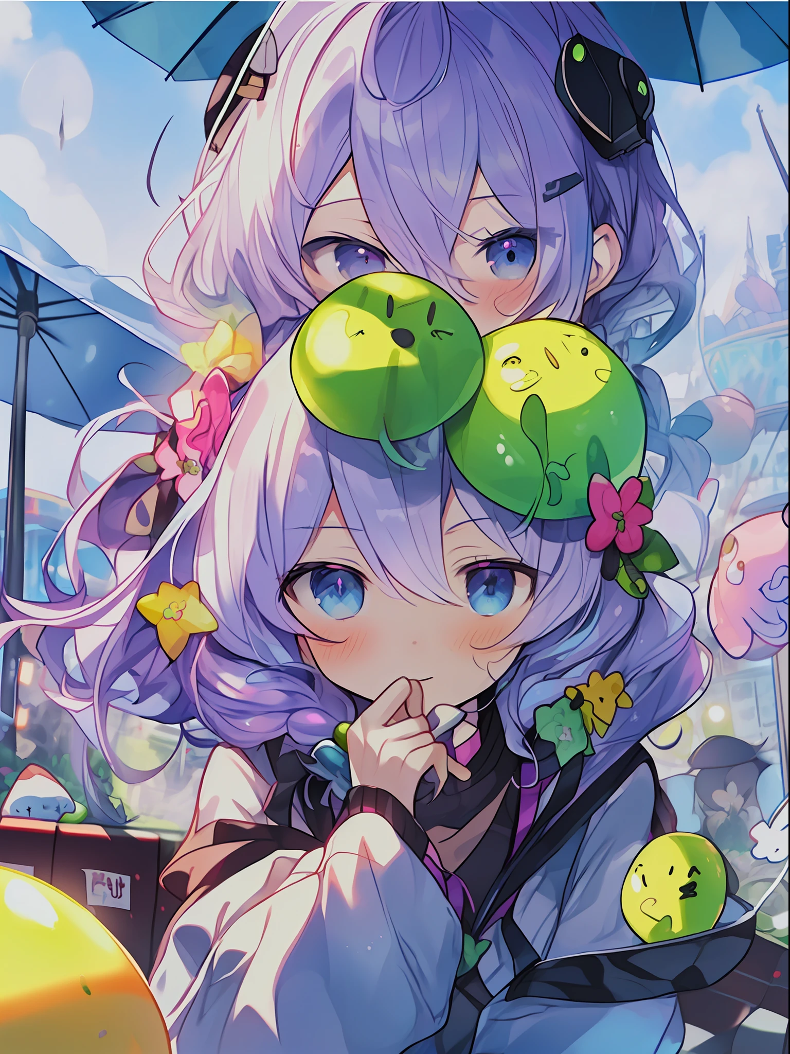 pears in pale yellow color, (((umbrella with a picture on the inside, hairstyle with purple hair and green coloring, braid, portrait of upper body))), big eyes, drooping eyes, bright expression, height 165 cm, scale 1/20, light and shadow of Sertefan, illustration using the Octane renderer, anime-style illustration with a child-themed theme featuring characters, Fantasy RPG atmosphere, warm color scheme, soft, illuminated with high-quality images, details and accurate depiction, originality that attracts the attention of the audience, impressive poses and interesting activities, Mutsuki Con Works, highly detailed facial details, unique character design, anime-style boy, medium hair long, cherry pink-red hair color, blue eyes, Not an ugly face, five fingers, symmetrical, marble-like skin color, not an ugly body, two arms, two legs, game clothes, game gloves, game boots, Caucasian, background long shot, ((、、、、、、、 anime,、,、,、,、,、,-style boy, masterpiece: 1.5)), watercolor ink Original drawing, story movie, movie, manga illustration, cute, adorable, Detailed photo realistic, wallpaper pencil drawing, eyelashed eyes, dark blue moon, pan closet, cyber, virtual reality, 2 boys, 1 butler android, 1chatGPT, giant yellow fruit, world tree, (((ship)), lanlanlu, chic, butler who can't stop ringing, 77777, bonanza, dancing props, fruits wrapped in yellow translucent outlines, Kowloon World Tree, Worm Virus, Roots of Giant Trees Along the Coastline, Big Slime, Towering Over 20 of 0 Meters, Dome Ceiling, Handshake, Surface Tension, (Competing Emulators, Range, Robert Robert, Virtual Reality, Hi-Tech, Competition, Clones, Android,,) , Blue Kowloon Star, Dome World, Slime Fruit, Scattered Flowers, Bear Fruit, Metamorphosis, Green Vine-like Tendril, Countless Feathers Sprouting from the Skin, Kowloon World Tree with Huge Yellow Fruit, Giant Tree Root Proliferation Life, Moves Like Octopus Tentacles, Disguised as an Ocean, (Application Operating Range), Large Slime Berry, Constant Siz