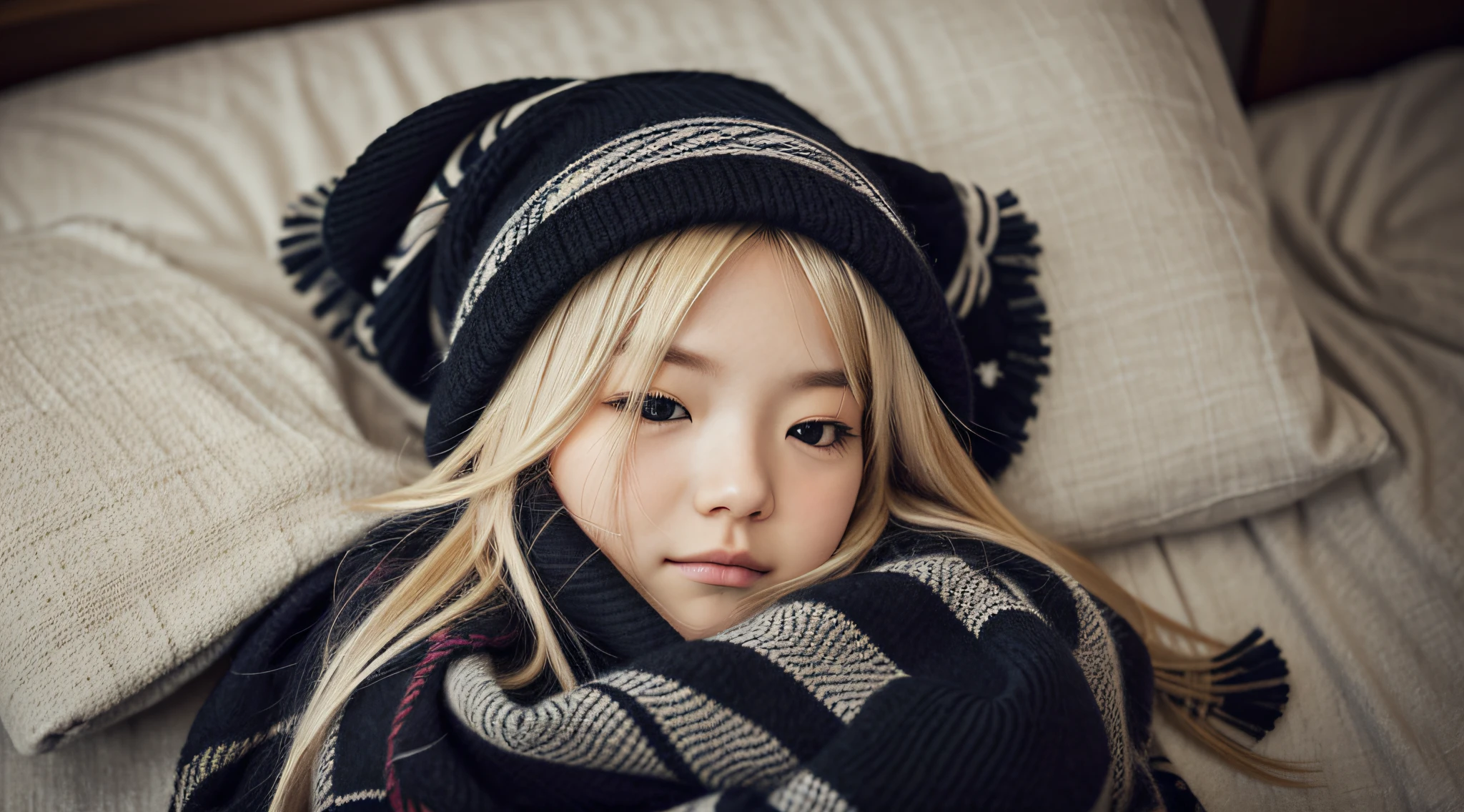 GIRL BLONDE CHILD with long hair wearing a scarf and a hat, sleepy fashion model face, sleepy, sleepy expression, Marisa Kirisame, wearing cute black scarf, prettier, sleeping, sick with a cold, Lalisa Manobal, Misa Amane*, very tired woman, sleeping, Takeyuki Kanda, Lalisa Manoban of blackpink