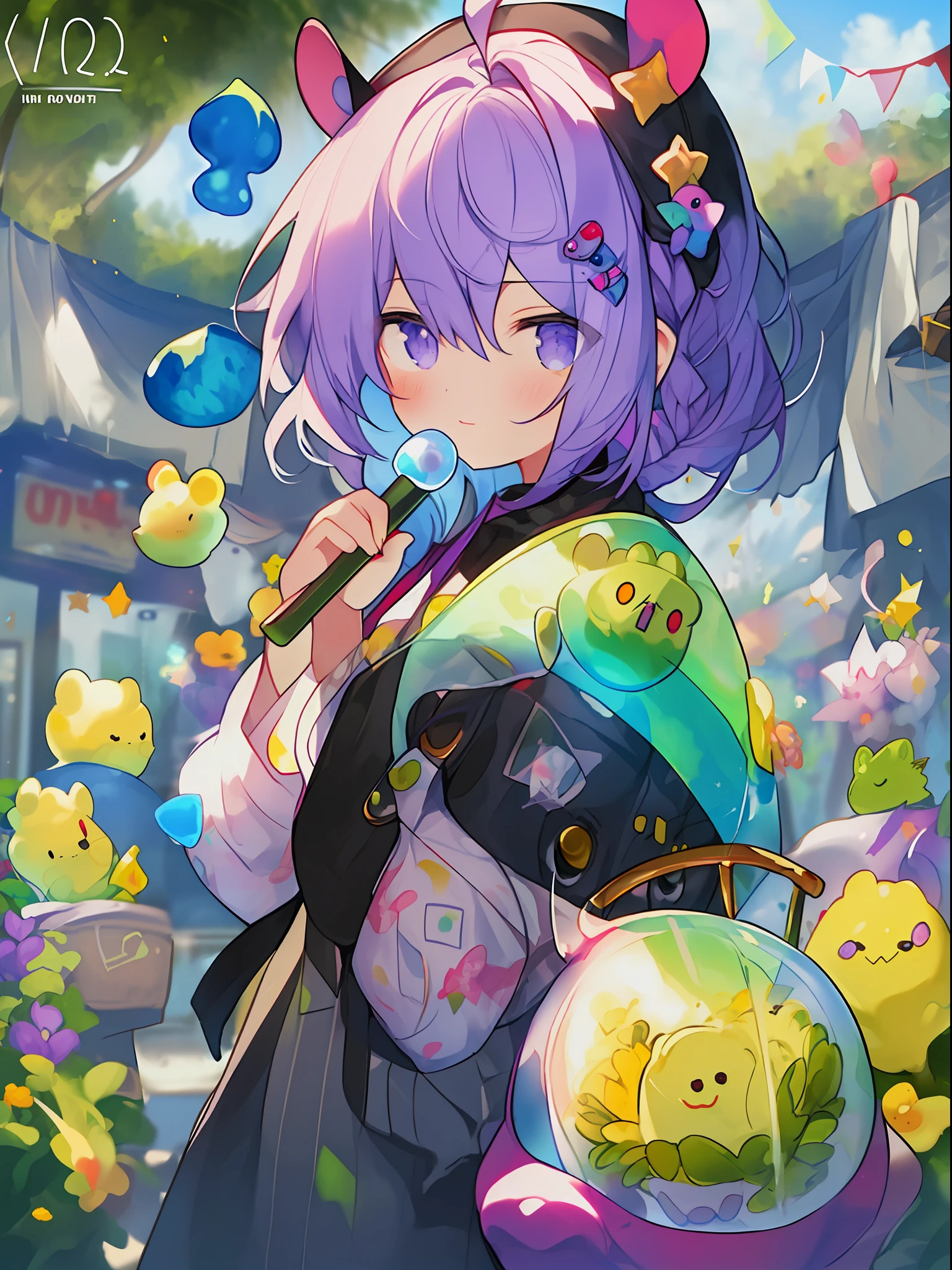 pears in pale yellow color, (((umbrella with a picture on the inside, hairstyle with purple hair and green coloring, braid, portrait of upper body))), big eyes, drooping eyes, bright expression, height 165 cm, scale 1/20, light and shadow of Sertefan, illustration using the Octane renderer, anime-style illustration with a child-themed theme featuring characters, Fantasy RPG atmosphere, warm color scheme, soft, illuminated with high-quality images, details and accurate depiction, originality that attracts the attention of the audience, impressive poses and interesting activities, Mutsuki Con Works, highly detailed facial details, unique character design, anime-style boy, medium hair long, cherry pink-red hair color, blue eyes, Not an ugly face, five fingers, symmetrical, marble-like skin color, not an ugly body, two arms, two legs, game clothes, game gloves, game boots, Caucasian, background long shot, ((、、、、、、、 anime,、,、,、,、,、,-style boy, masterpiece: 1.5)), watercolor ink Original drawing, story movie, movie, manga illustration, cute, adorable, Detailed photo realistic, wallpaper pencil drawing, eyelashed eyes, dark blue moon, pan closet, cyber, virtual reality, 2 boys, 1 butler android, 1chatGPT, giant yellow fruit, world tree, (((ship)), lanlanlu, chic, butler who can't stop ringing, 77777, bonanza, dancing props, fruits wrapped in yellow translucent outlines, Kowloon World Tree, Worm Virus, Roots of Giant Trees Along the Coastline, Big Slime, Towering Over 20 of 0 Meters, Dome Ceiling, Handshake, Surface Tension, (Competing Emulators, Range, Robert Robert, Virtual Reality, Hi-Tech, Competition, Clones, Android,,) , Blue Kowloon Star, Dome World, Slime Fruit, Scattered Flowers, Bear Fruit, Metamorphosis, Green Vine-like Tendril, Countless Feathers Sprouting from the Skin, Kowloon World Tree with Huge Yellow Fruit, Giant Tree Root Proliferation Life, Moves Like Octopus Tentacles, Disguised as an Ocean, (Application Operating Range), Large Slime Berry, Constant Siz