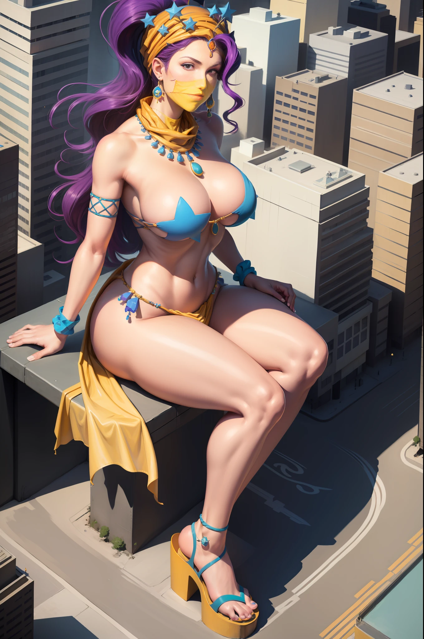 masterpiece, best quality, 1girl, solo, giant, giant, (((towering over you))), (full body), midler, earrings, necklace, headband, yellow scarf, star-shaped pastels, breasts large, yellow thong, sandals, sitting, city, street, sky, sun, sideways